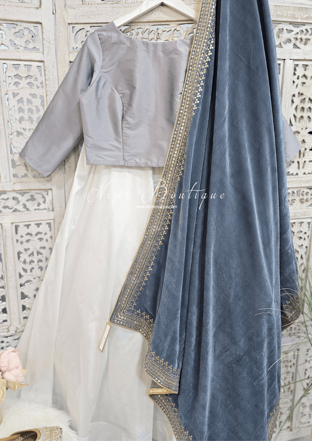 Nims Boutique Luxury Grey Velvet Embroidered Shawl