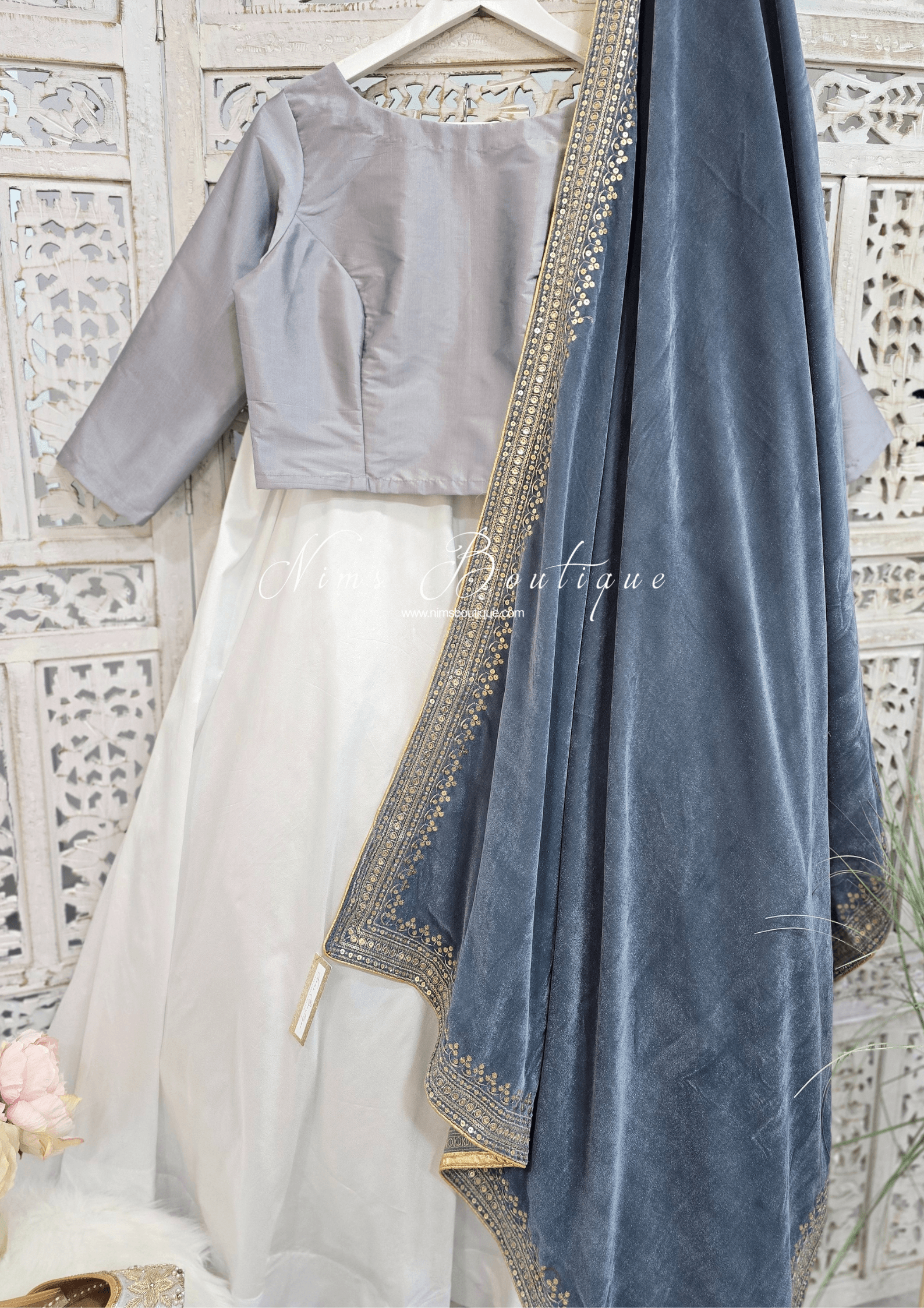 Nims Boutique Luxury Grey Velvet Embroidered Shawl