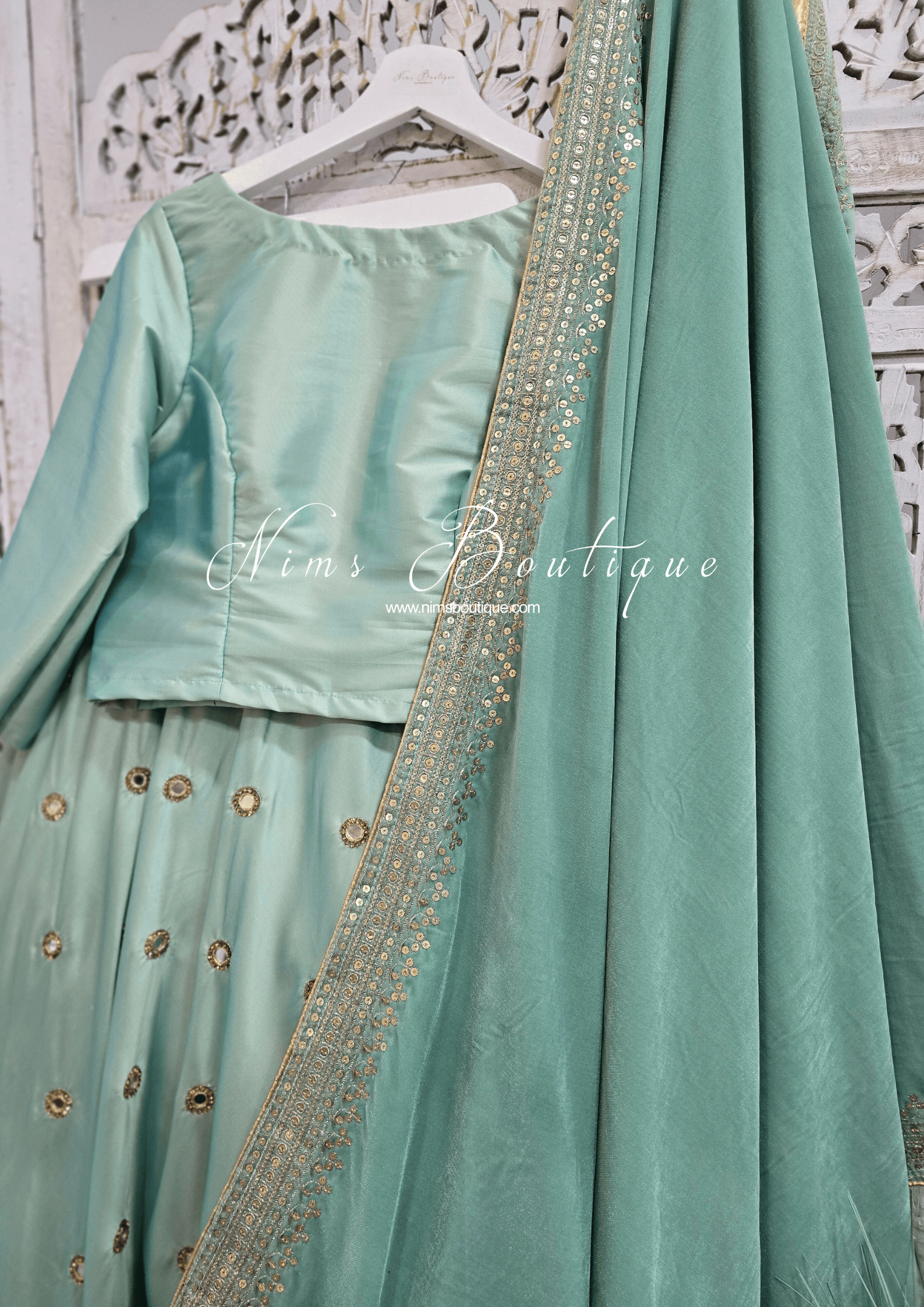 Nims Boutique Luxury Mint Green Velvet Embroidered Shawl