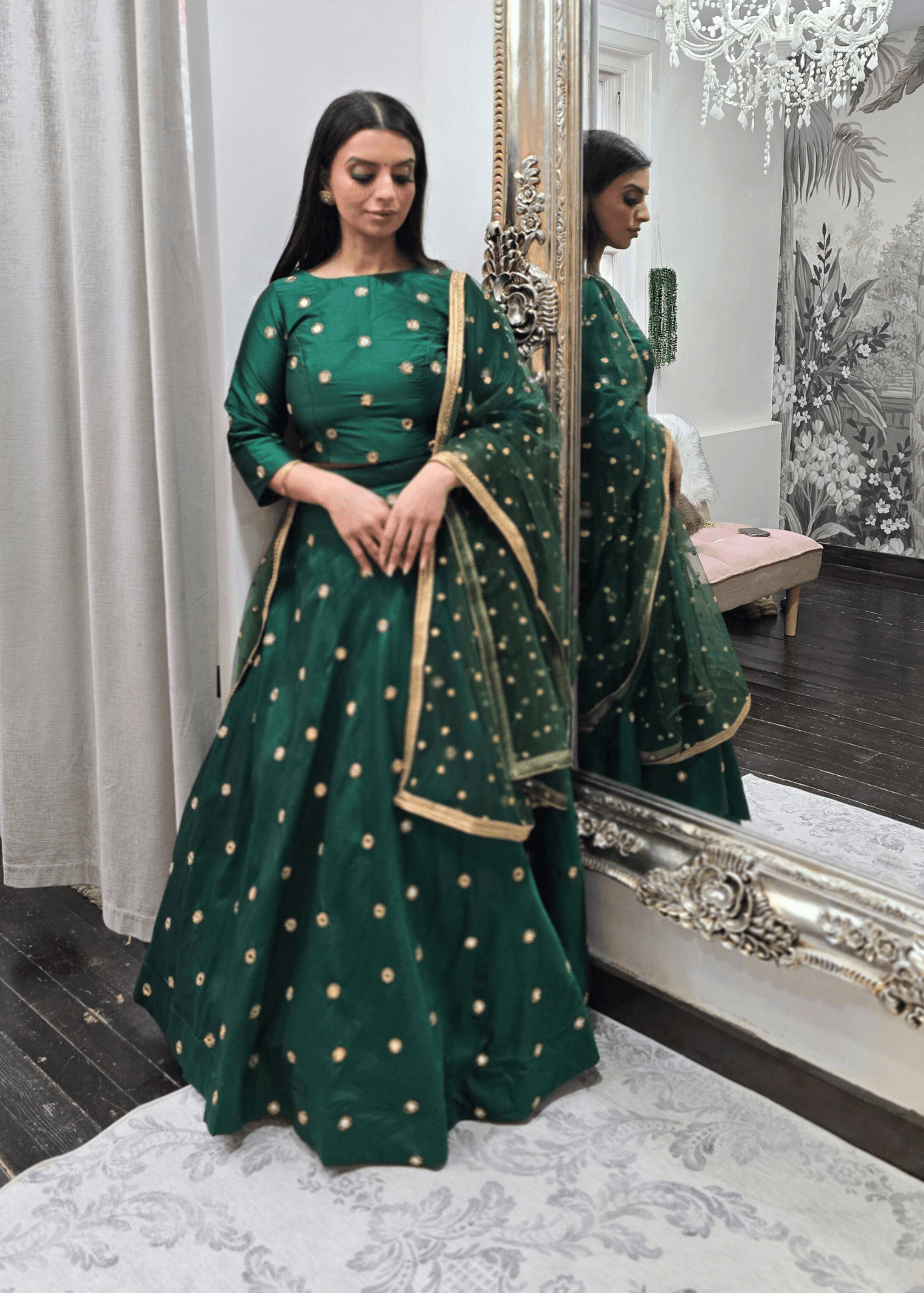 Nims Boutique Rani Luxury Silk Dark Green Mirror readymade skirt/lehnga size 4-18