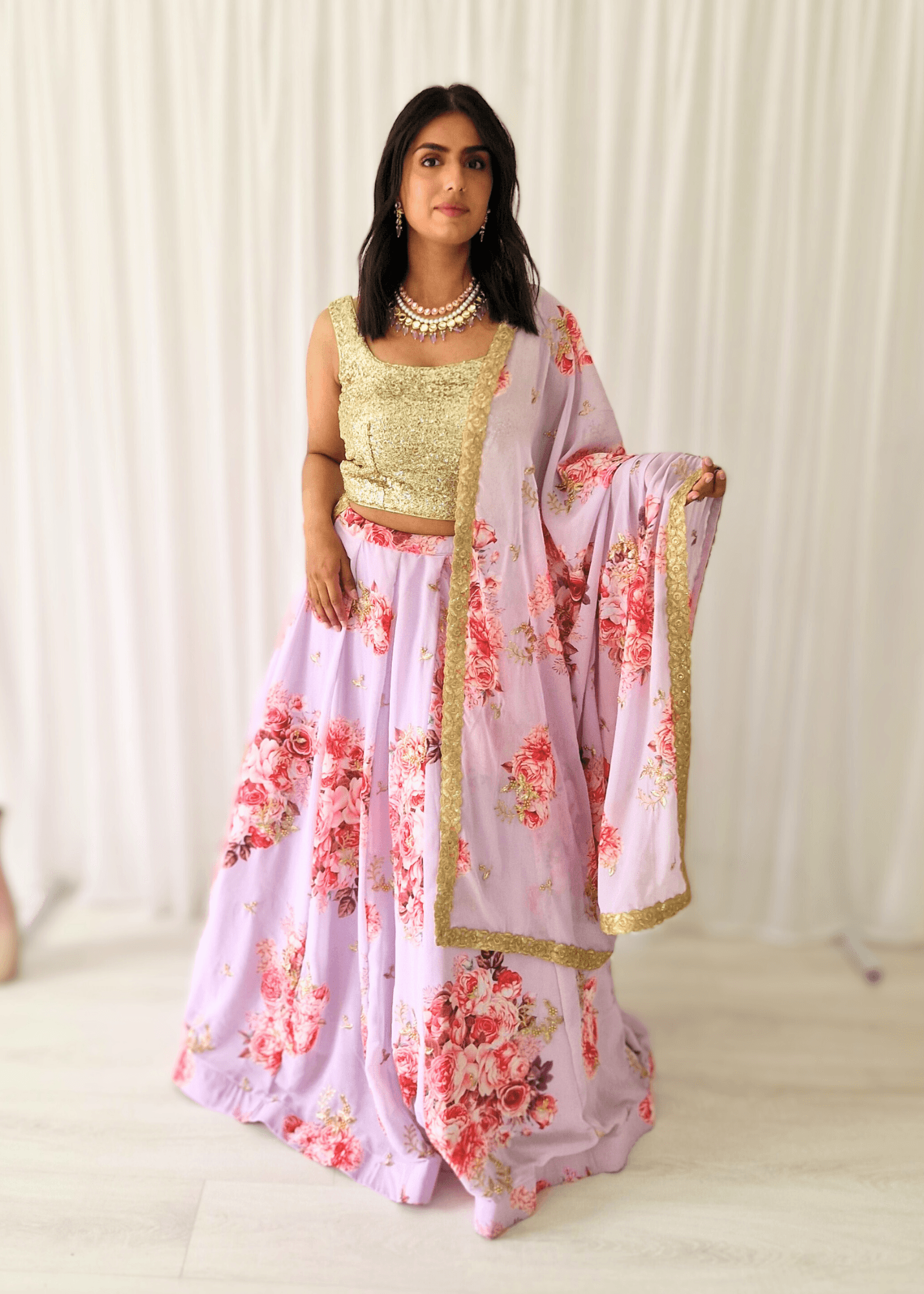 La Floraison Lilac Floral Georgette Dupatta/Chunni