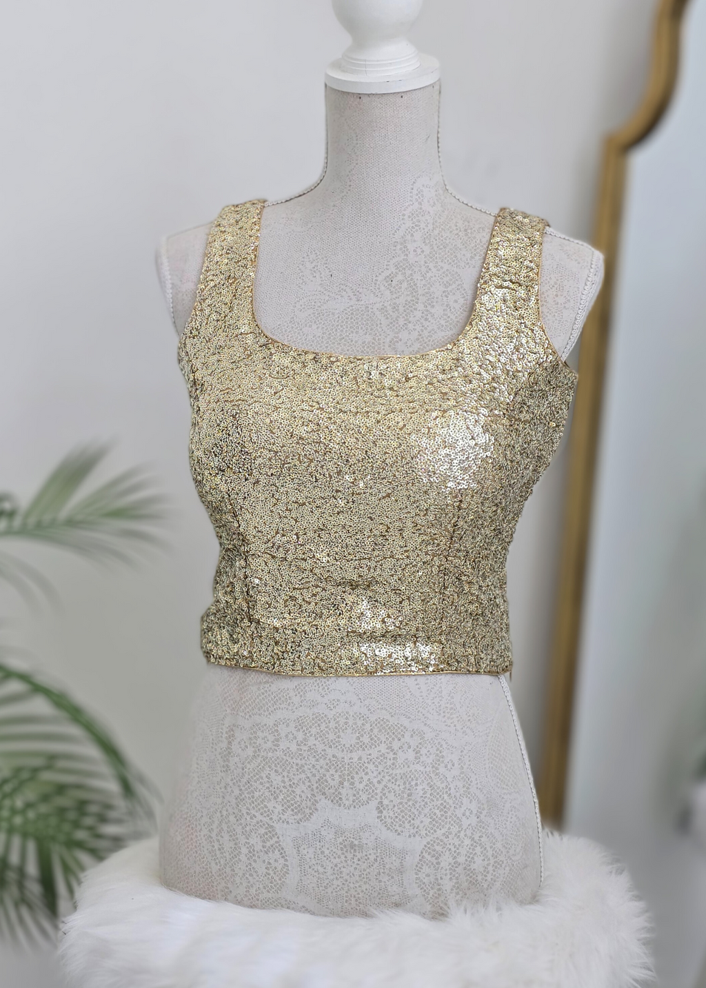 Gold Sequin Sleeveless Blouse Longer length with latkans (4-26)