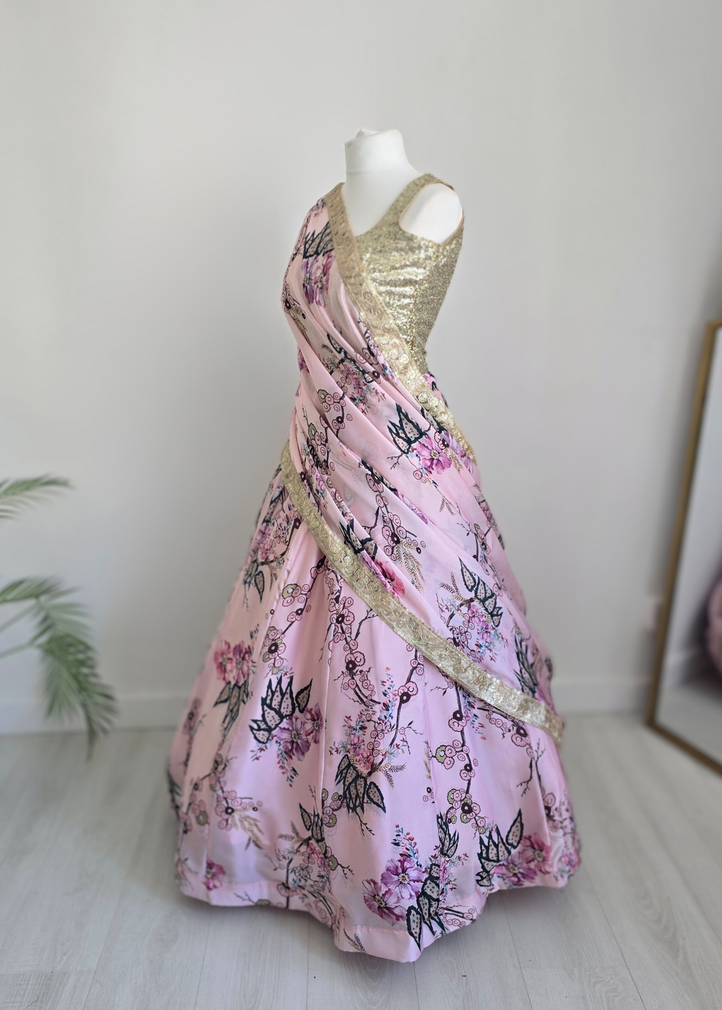 Sakura Pink Satin Print Dupatta/Chunni sequin edging