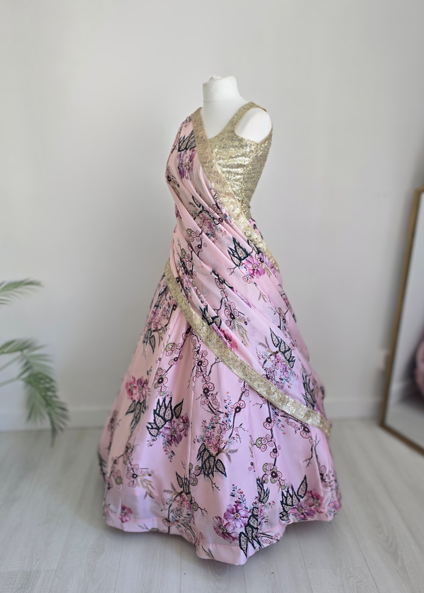 Sakura Pink Satin Print Dupatta/Chunni sequin edging