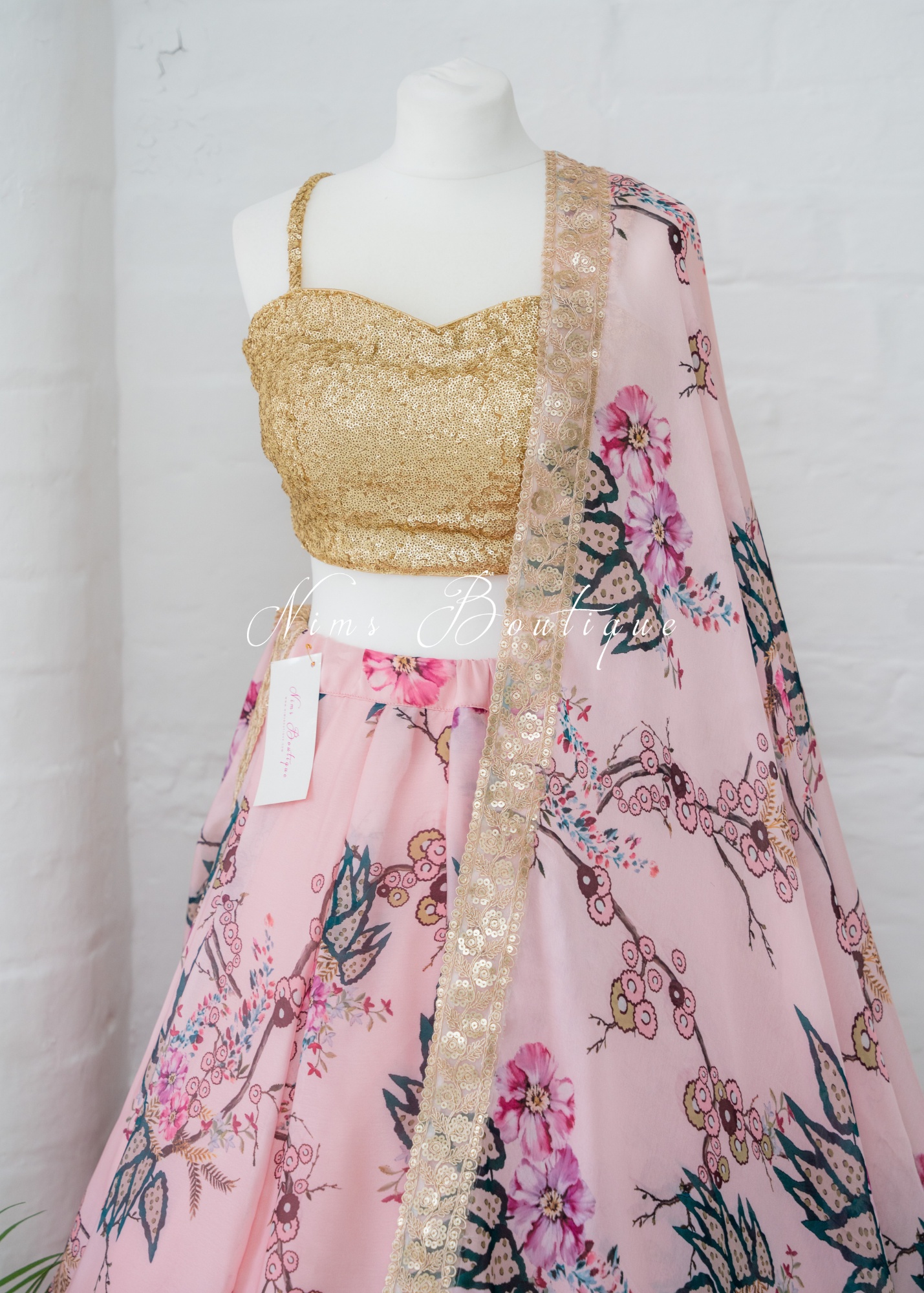 Sakura Pink Satin Print Dupatta/Chunni sequin edging