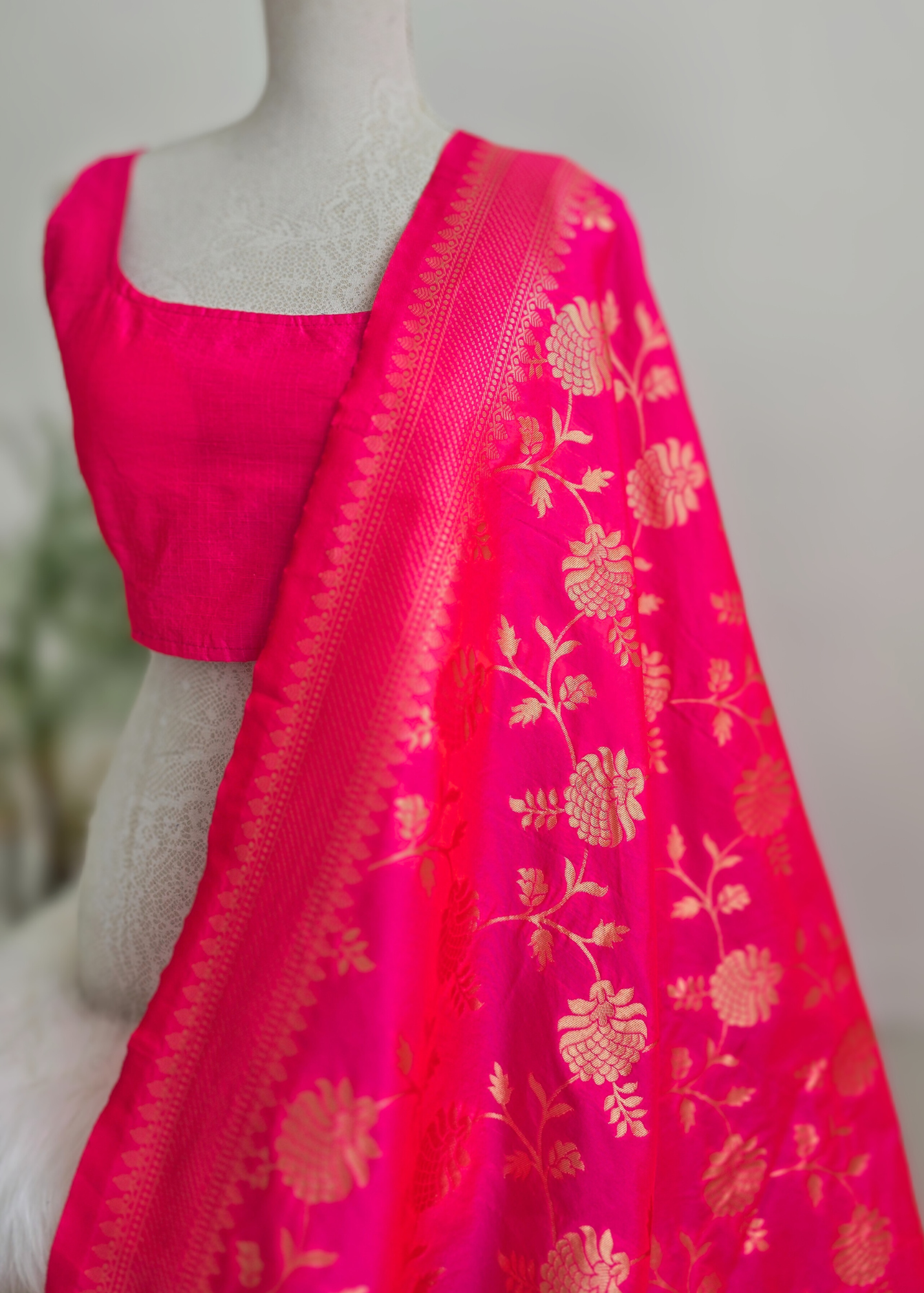 Bright Pink Floral Silk Banarsi Dupatta/Chunni (BN4)