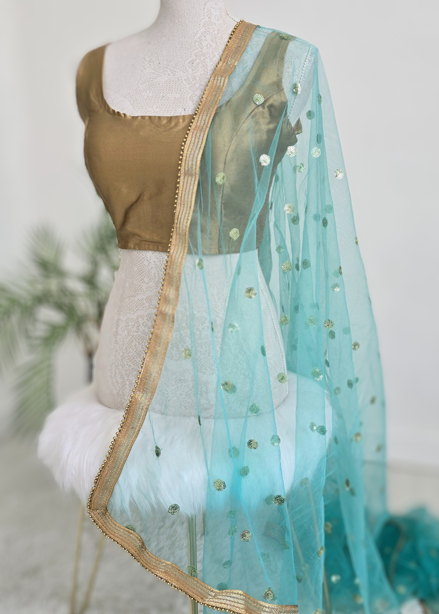 NB Light Teal Net Sequin Dupatta/Chunni