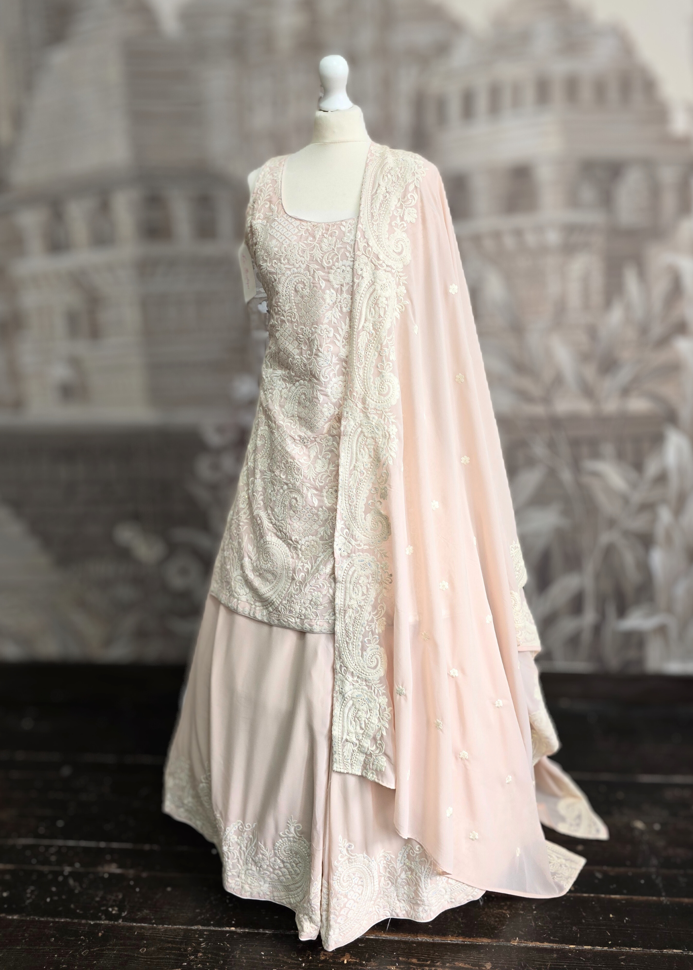Ivory & Light Peach Thread Embroidered Sharara Suit (Size 10-12)