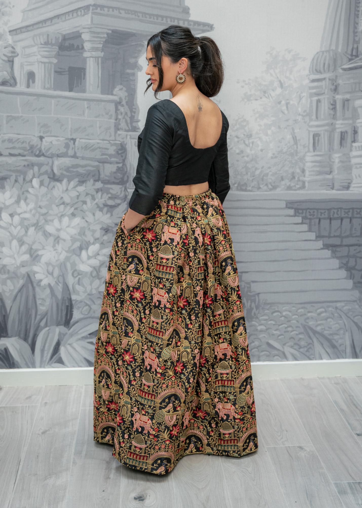 Black Raw Silk Scoop Neck Blouse with sleeves (4-26)