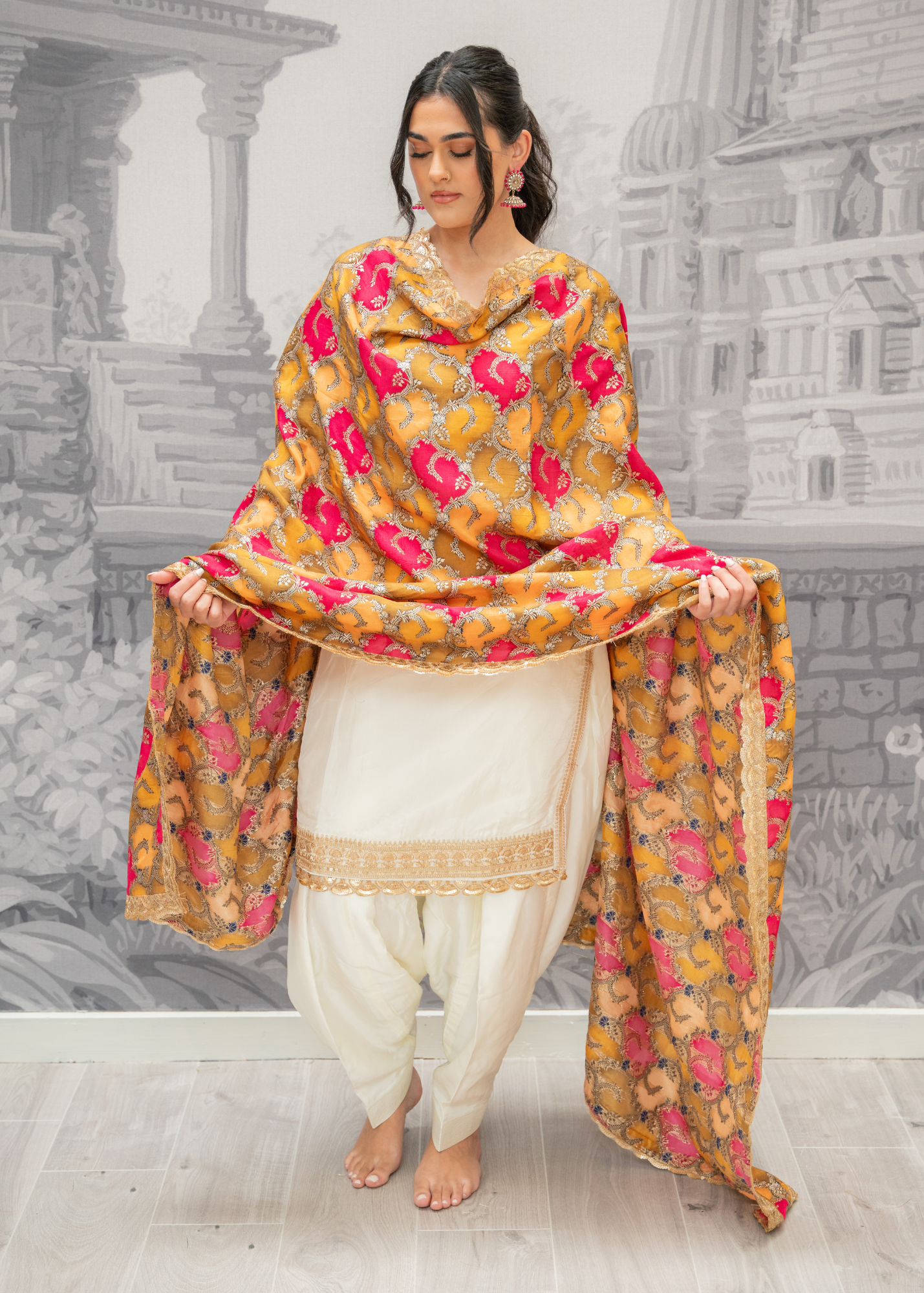 Long Sleeved Ivory Silk & Multicolour Salwar Suit (8-20)