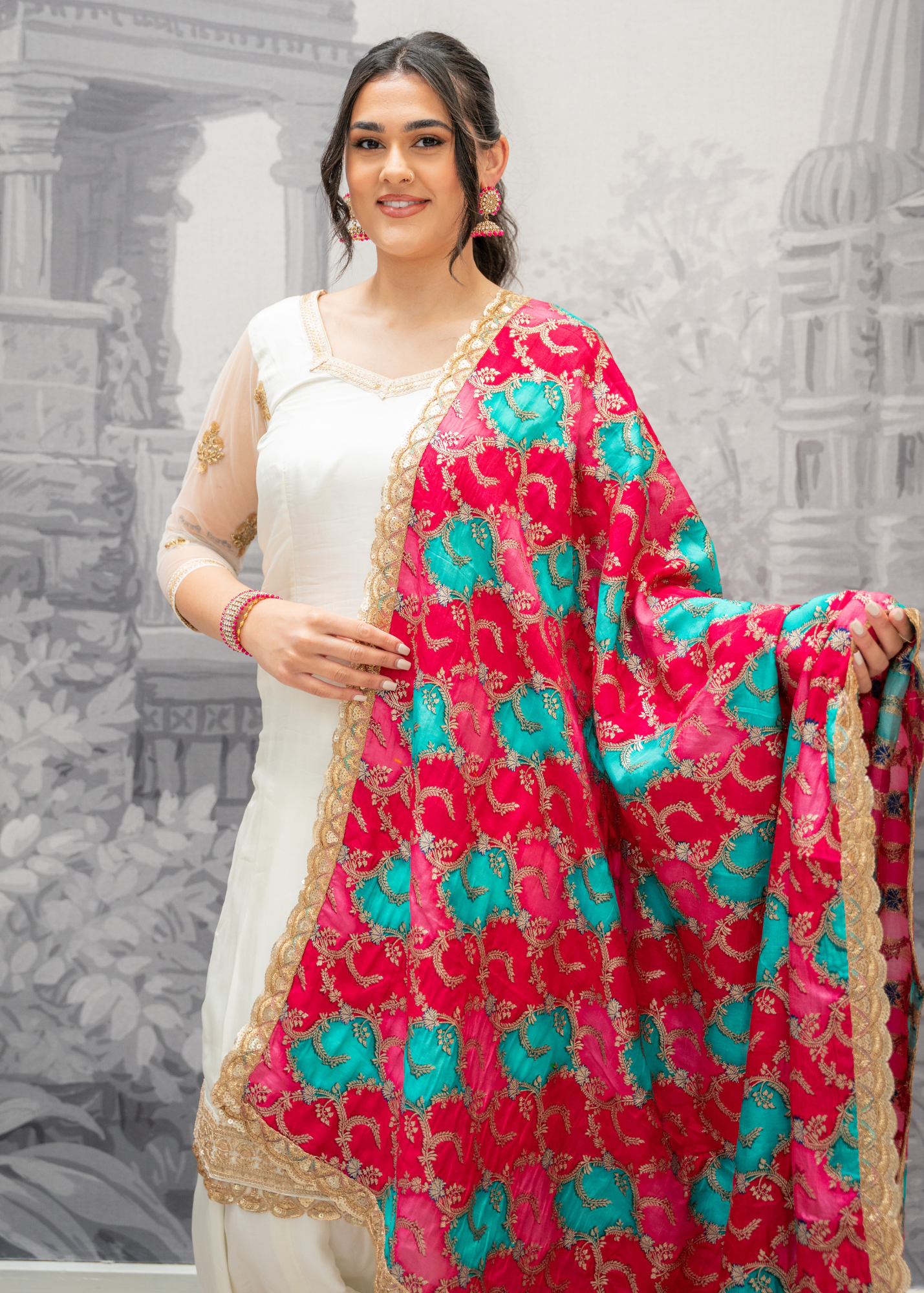 Long Sleeved Ivory Silk & Multicolour Salwar Suit (8-20)