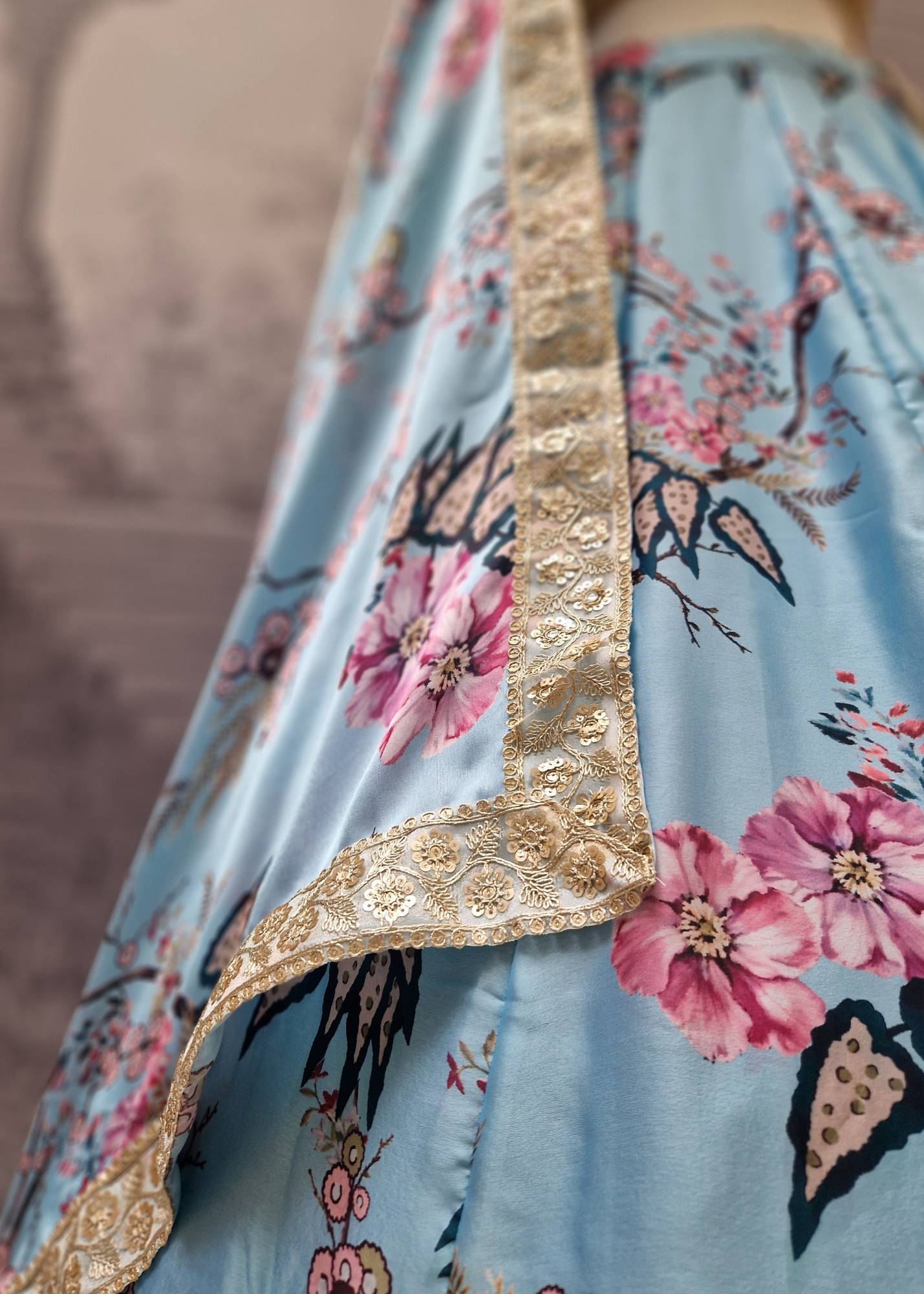Sakura Blue Satin Print Dupatta/Chunni sequin edging