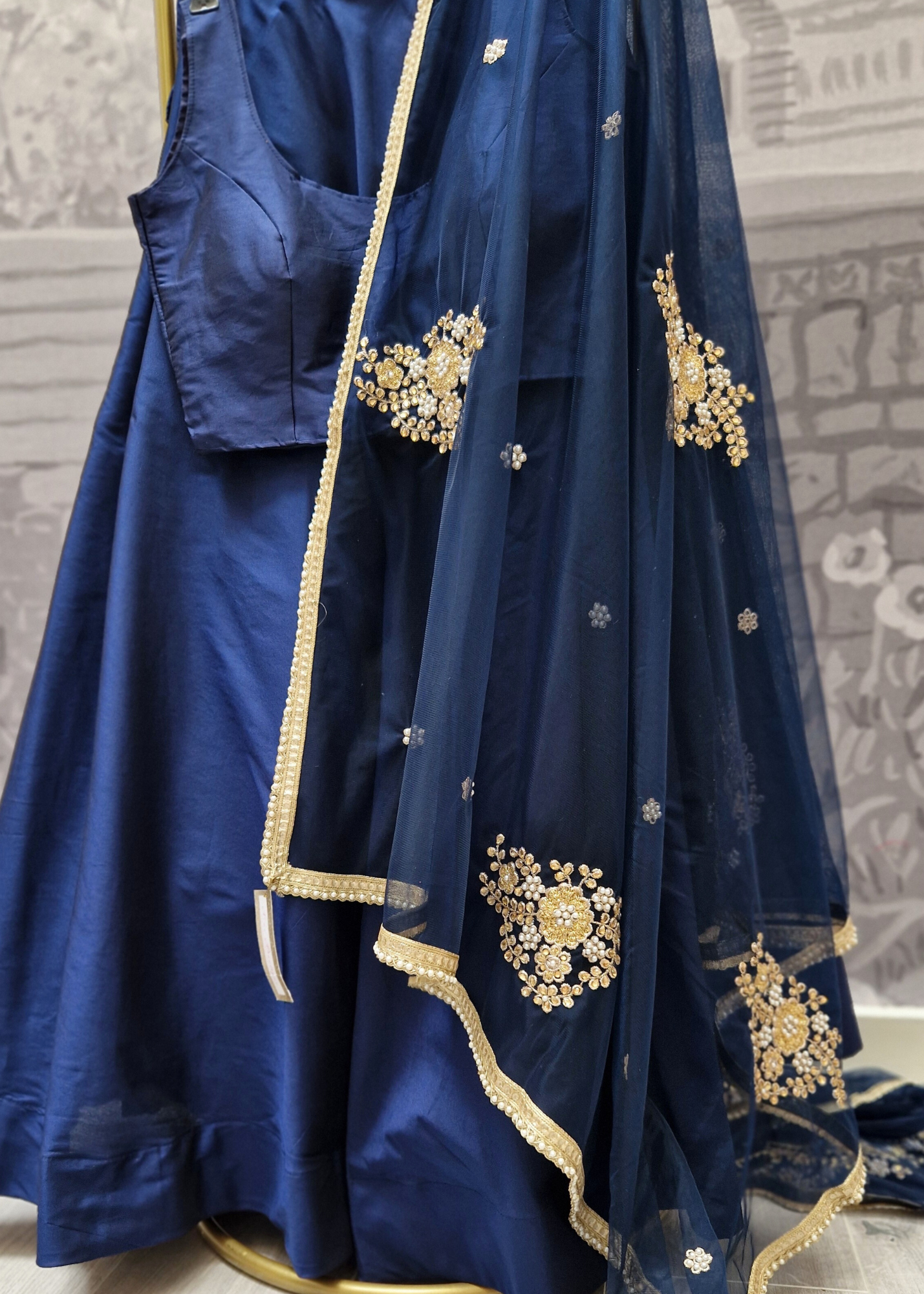 Navy Net Pearl Embellished Dupatta/Chunni