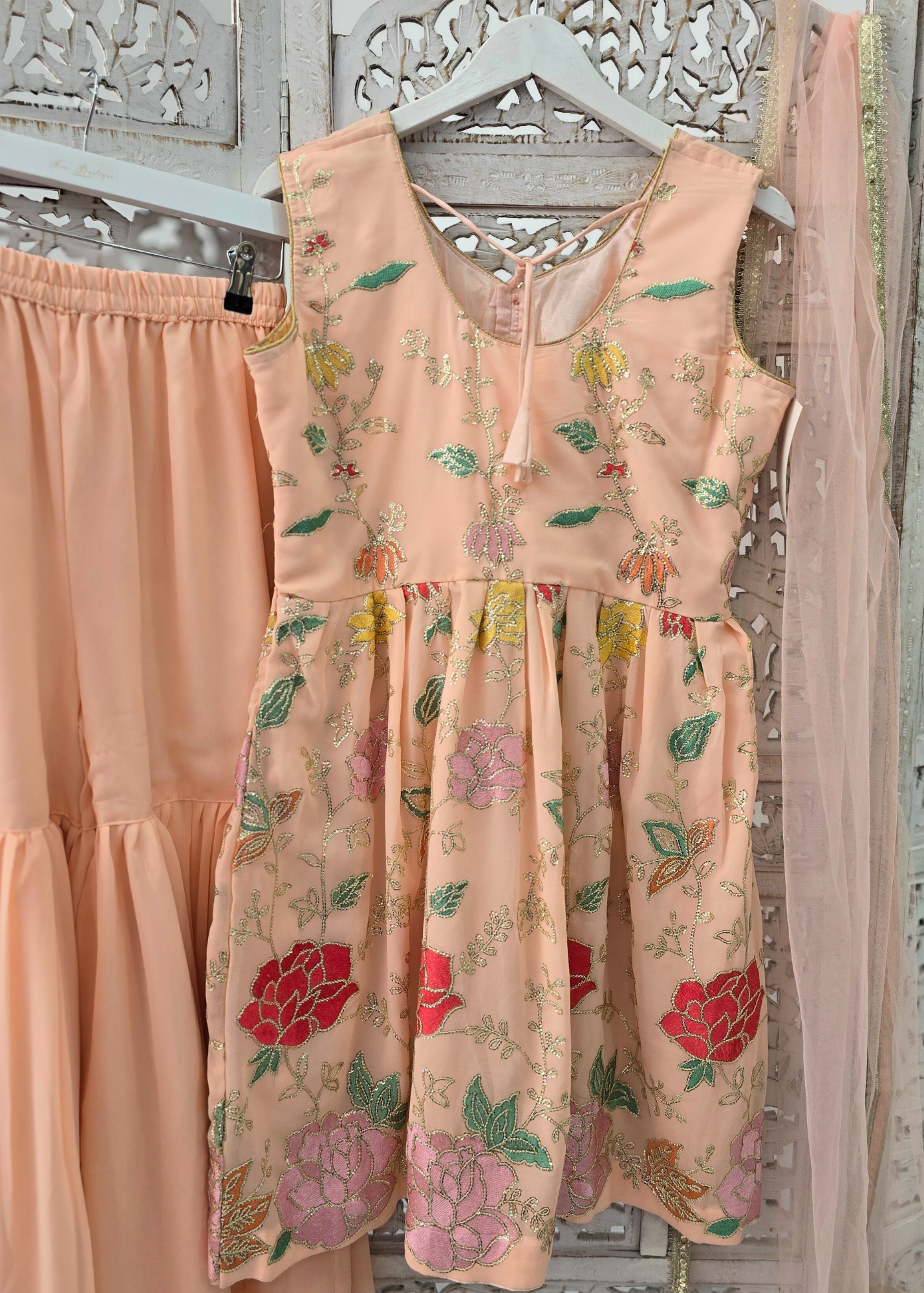 Peach Floral Frock Sharara Suit (Size 10-12)