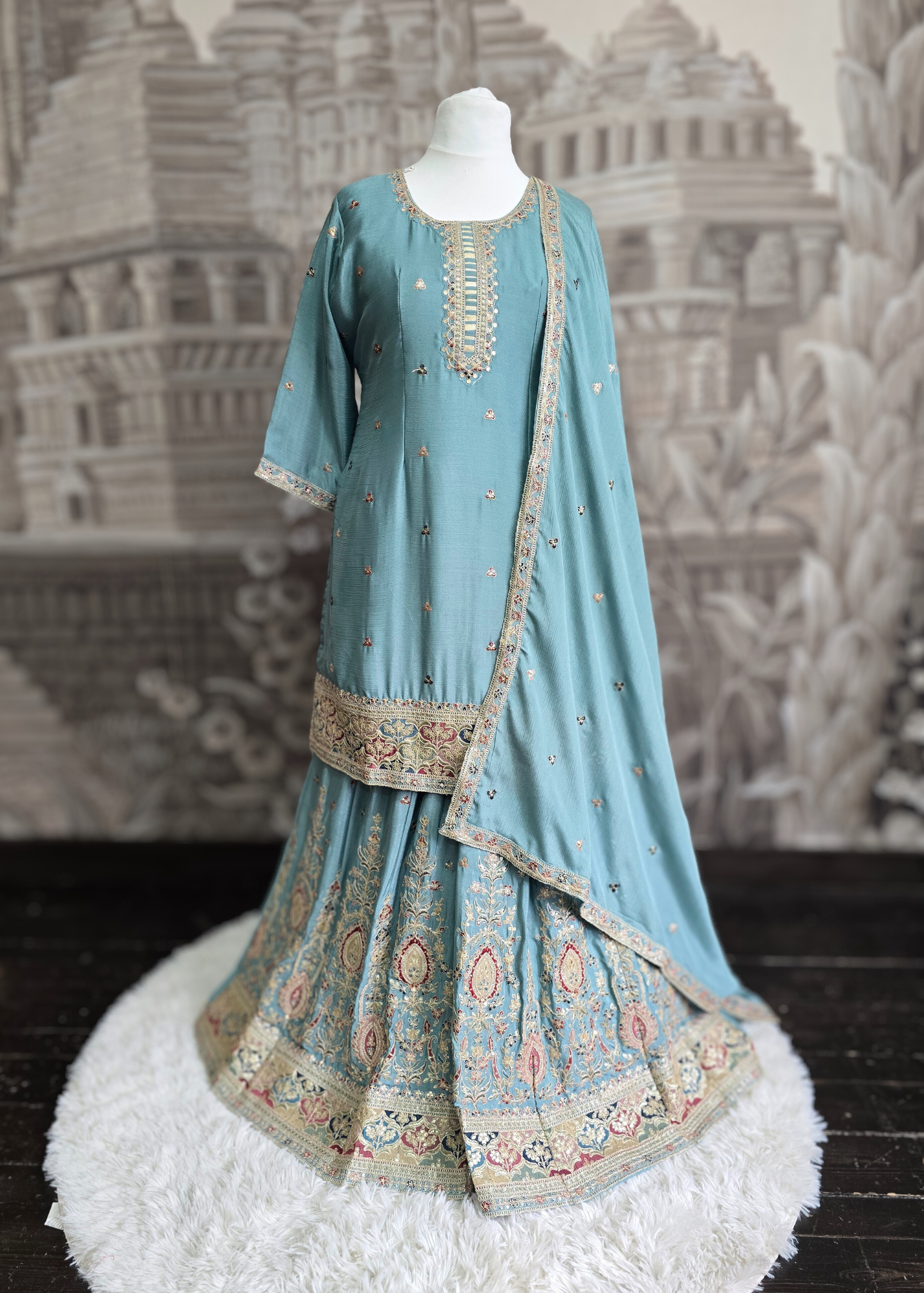 Luxury Blue Embroidered Sharara Suits (Sizes 16-20)