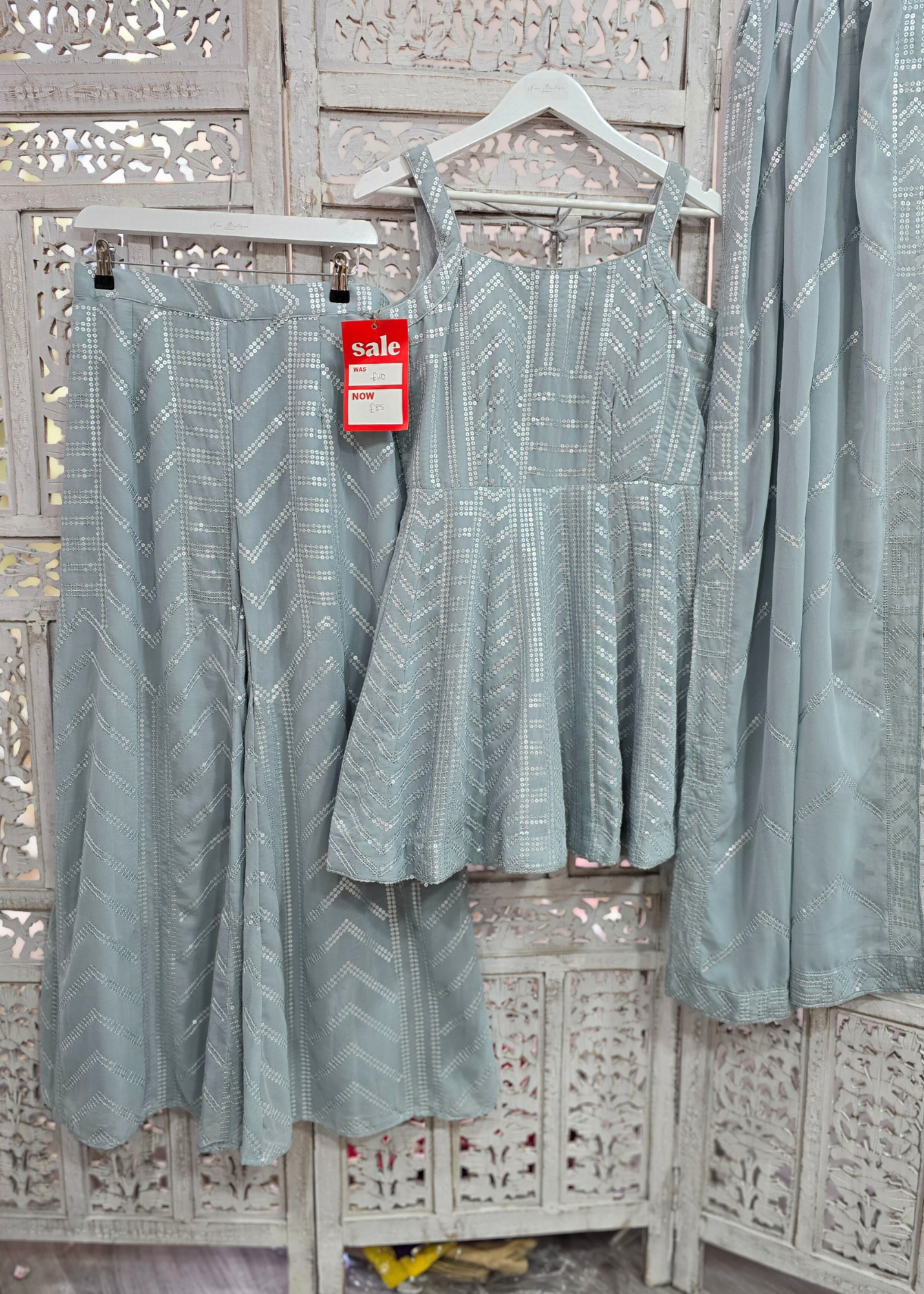 Dusky Blue Sequin Sharara Suit (Size 12)