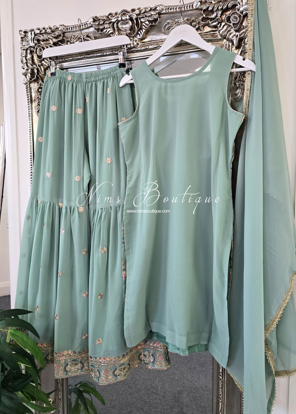 Duck Egg & Pastels Thread Embroidered Gharara Suit (size 10-12)