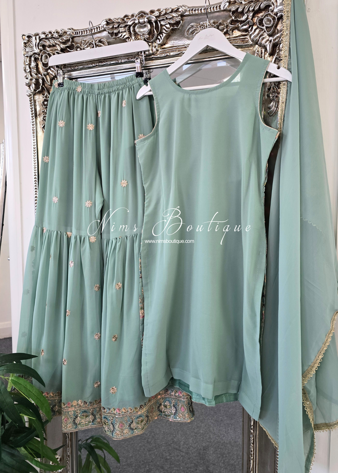 Duck Egg & Pastels Thread Embroidered Gharara Suit (size 10-12)