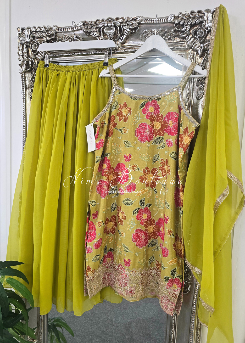 Lime Floral Strap Embroidered Sharara Suit (size 16-18)