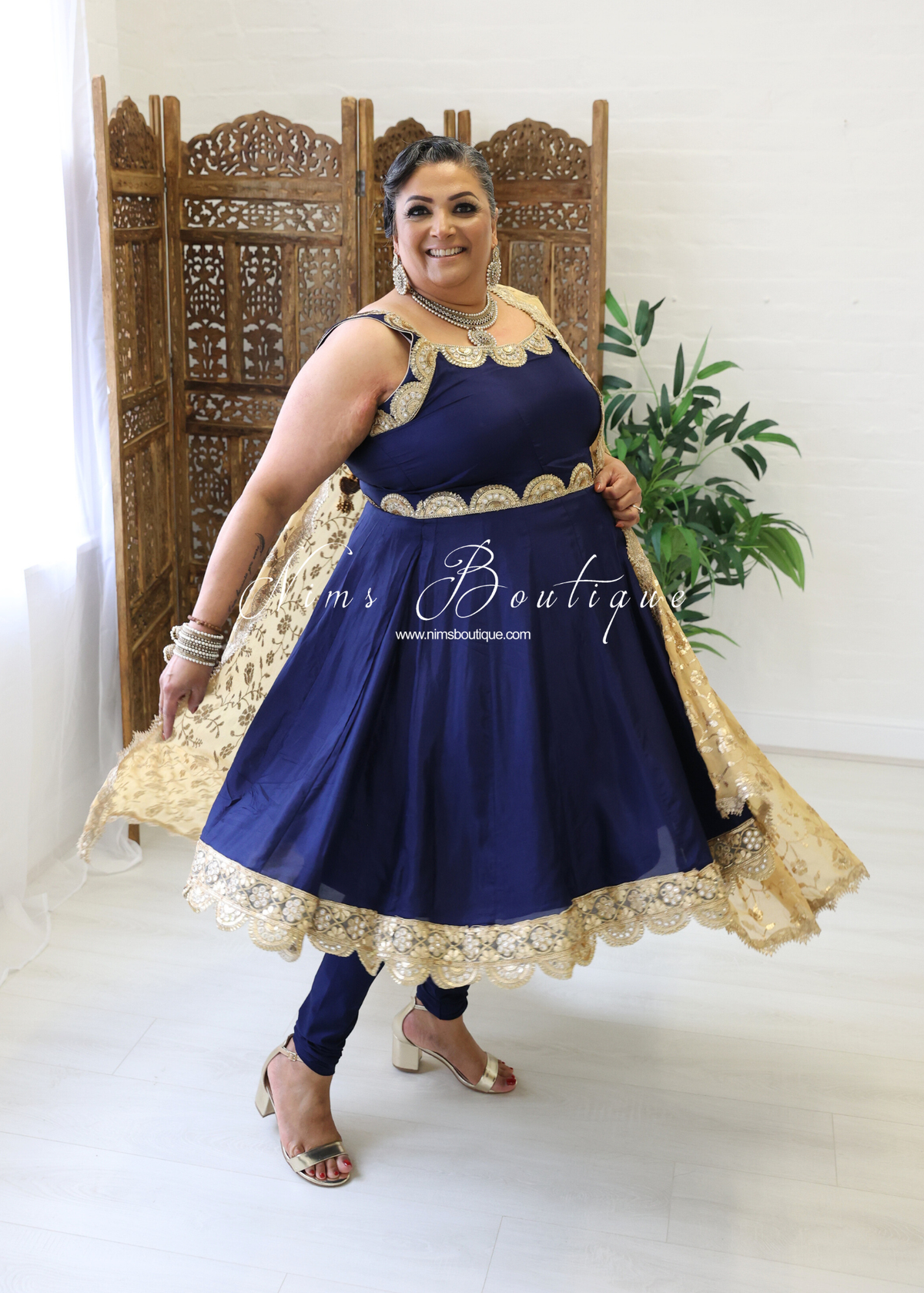Luxury Navy & Gold Silk Anarkali with Pajami (sizes 16-22)