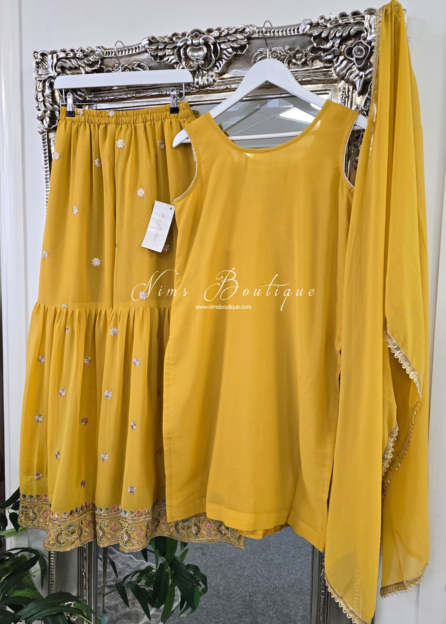 Mustard & Pastels Thread Embroidered Gharara Suit (size 10-12)