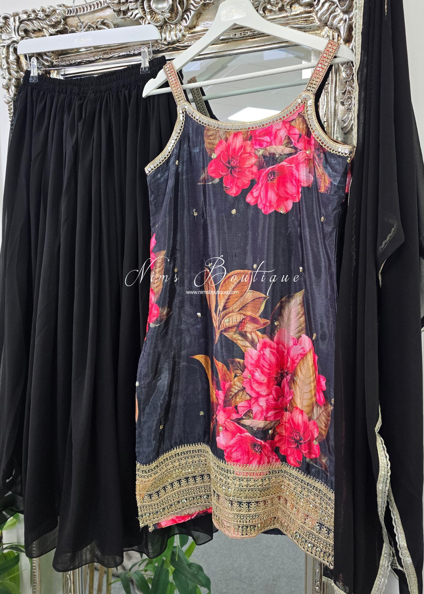 Black Floral Strap Embroidered Sharara Suit (size 14-16)