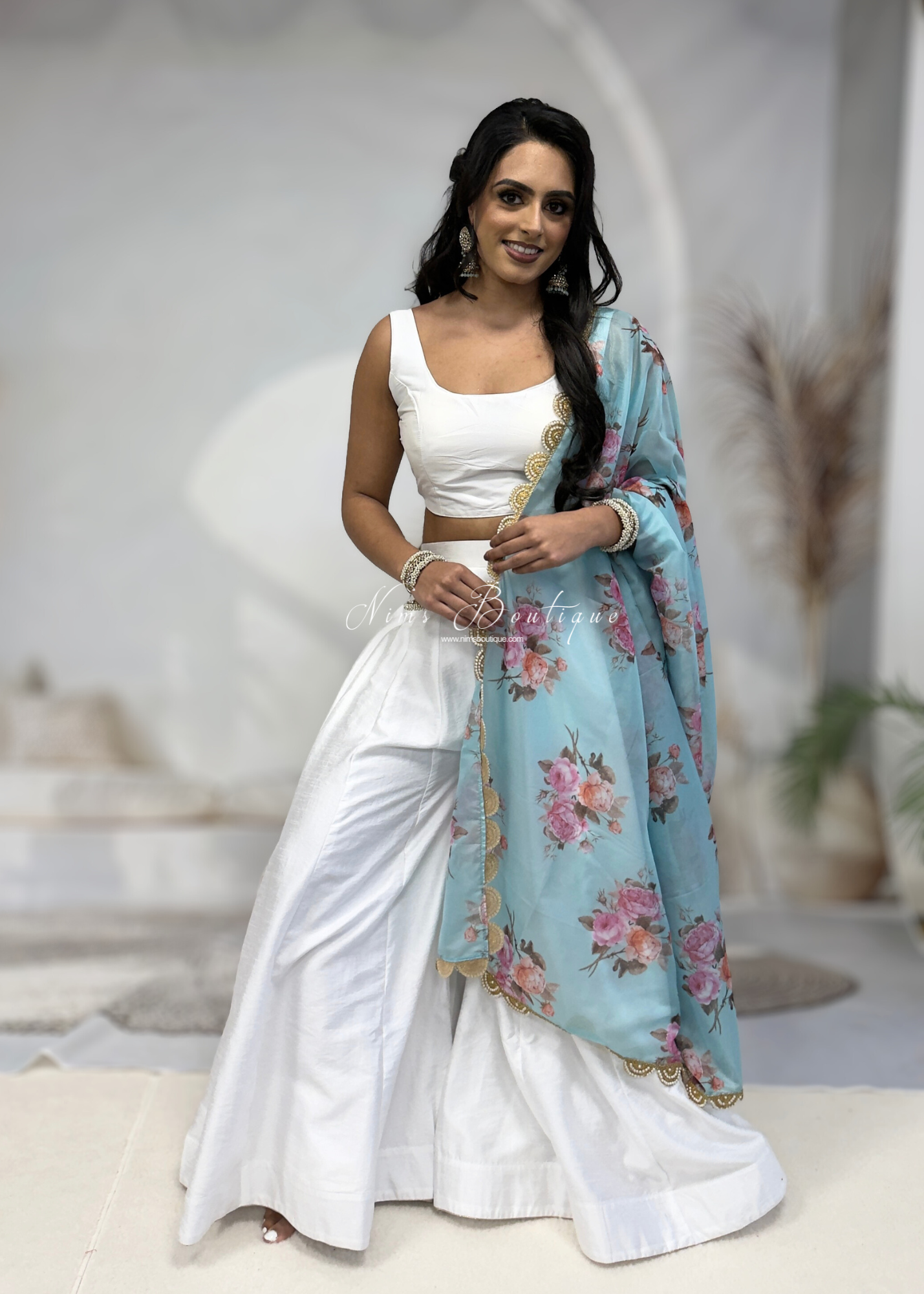 Luxury Blue Organza Floral Dupatta/Chunni with Pearl Edging