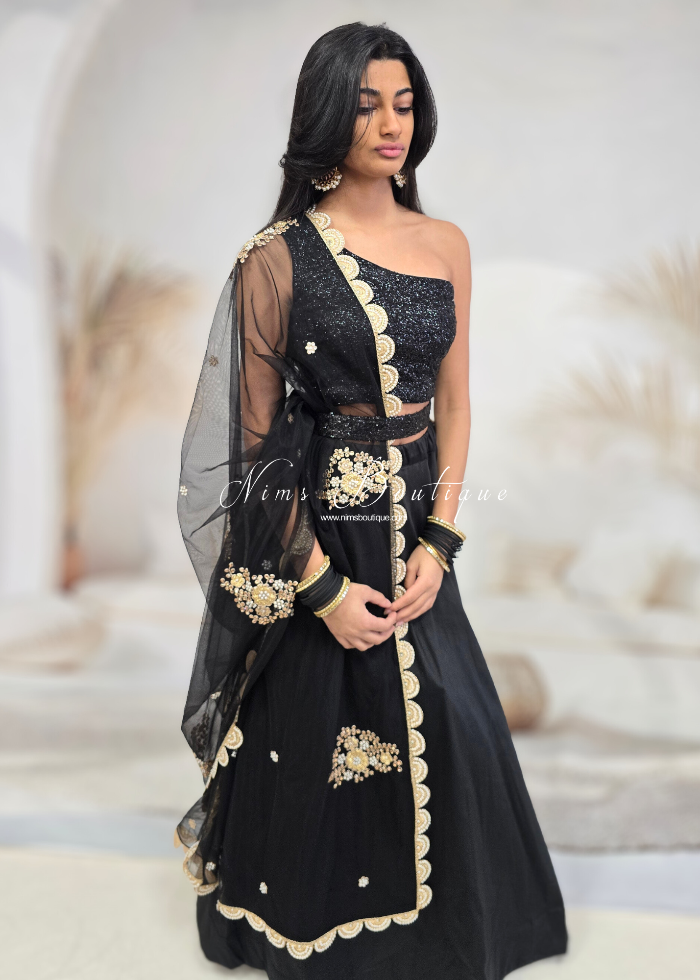Black Net Pearl Embellished Dupatta/Chunni with Luxury Pearl Edging (NPE5)