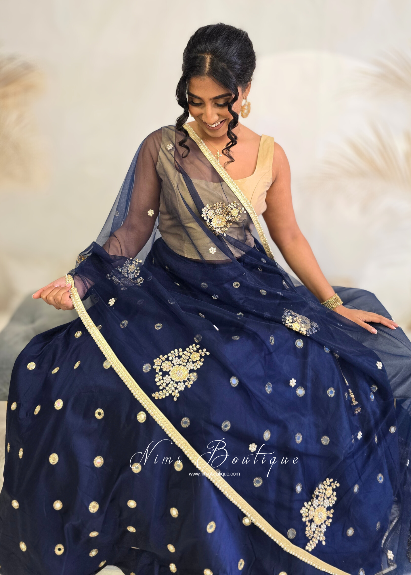 Navy Net Pearl Embellished Dupatta/Chunni
