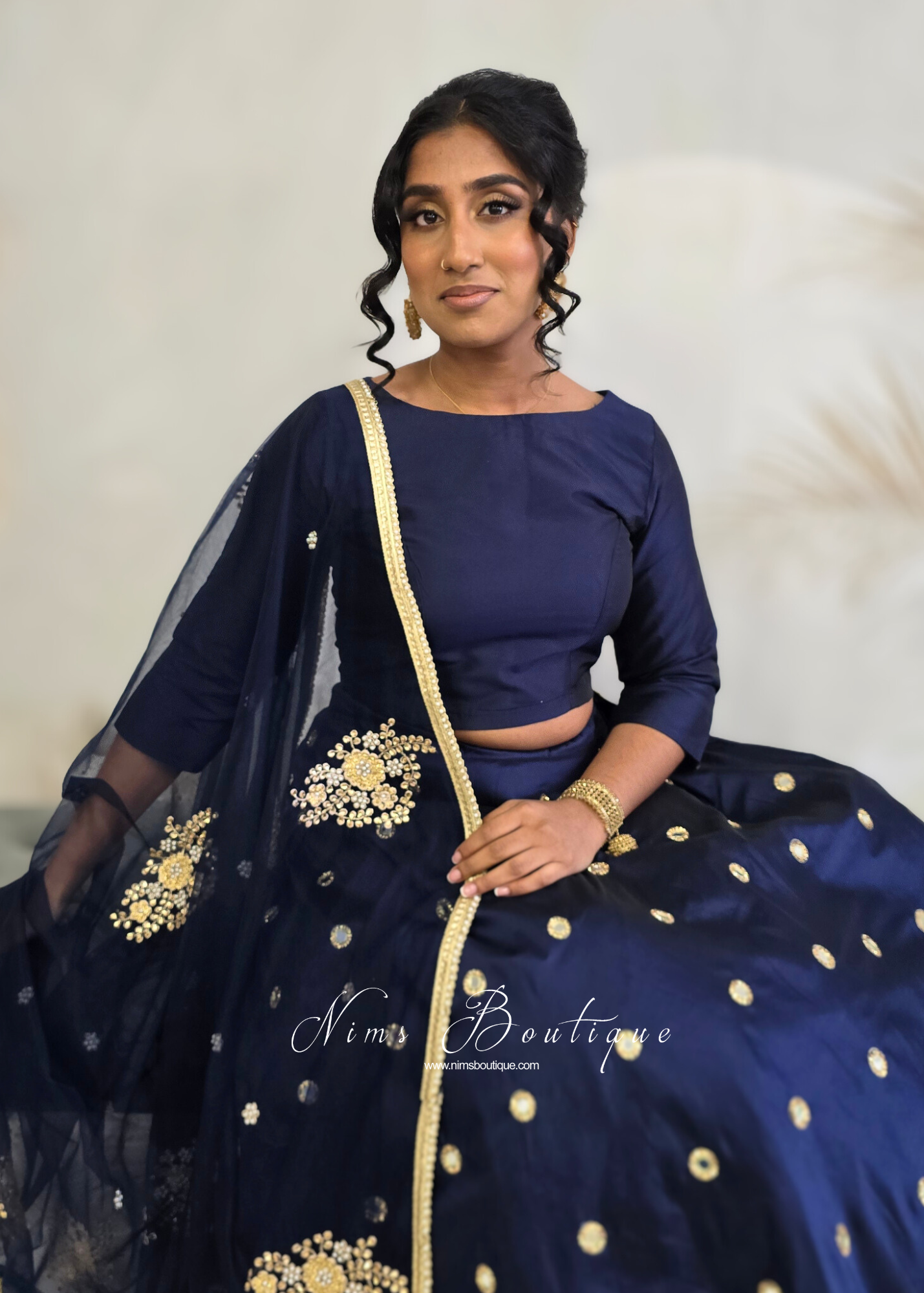 Navy Blue Silk High Neck Blouse with sleeves (size 4-26)