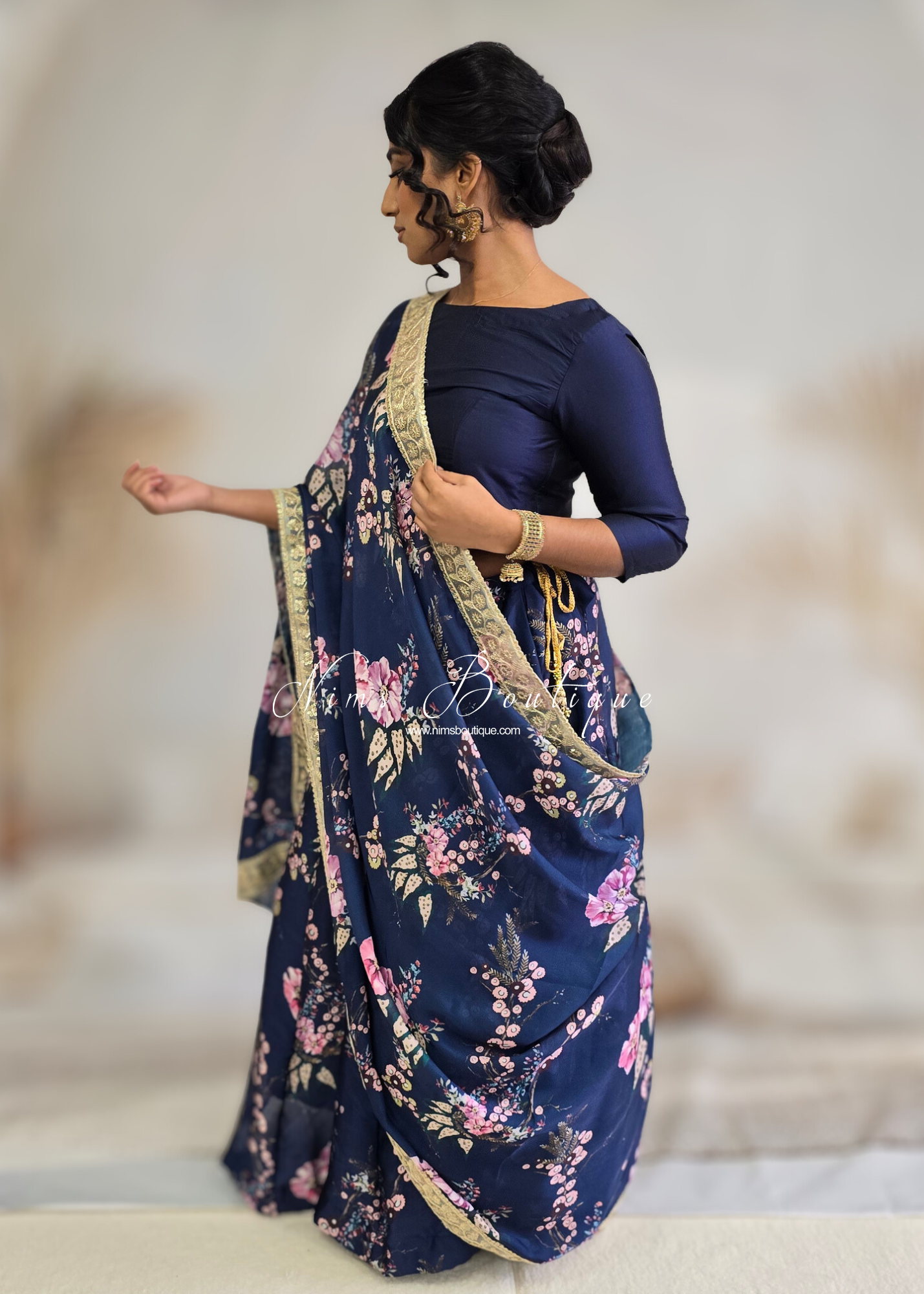 Sakura Navy Satin Print Dupatta/Chunni sequin edging