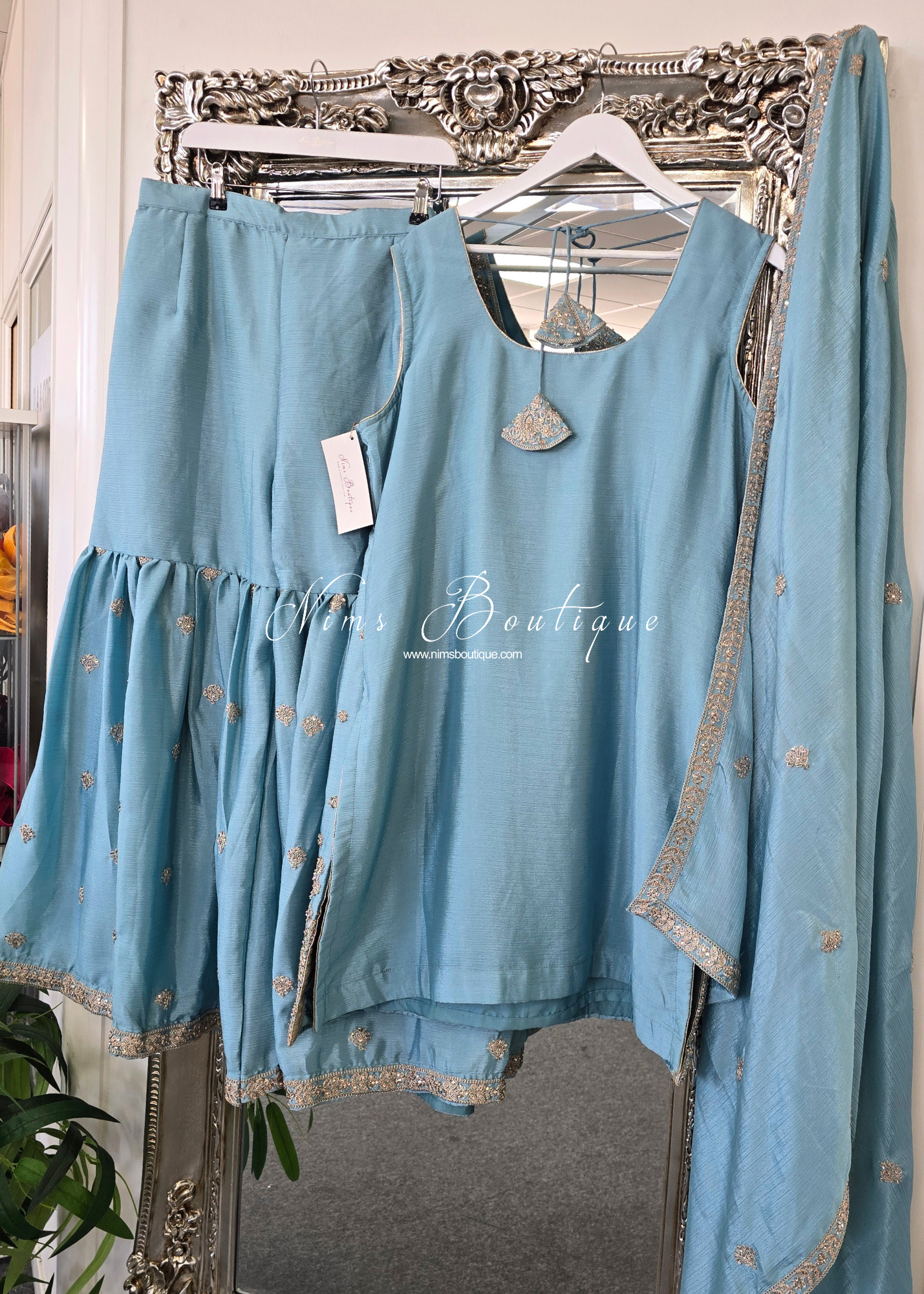 Blue Embroidered Gharara Suit (Size 18-20)