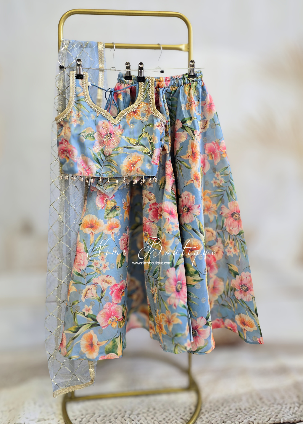 Blue Floral Kids Trouser Suit