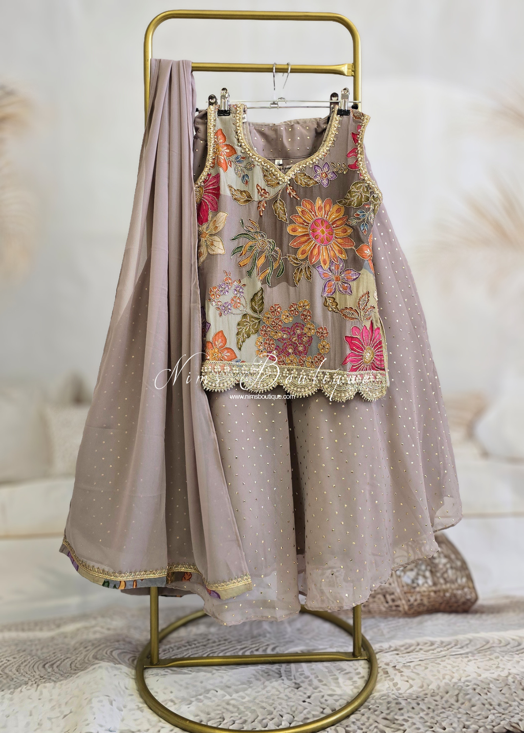 Beige/Grey Floral Kids Lehnga