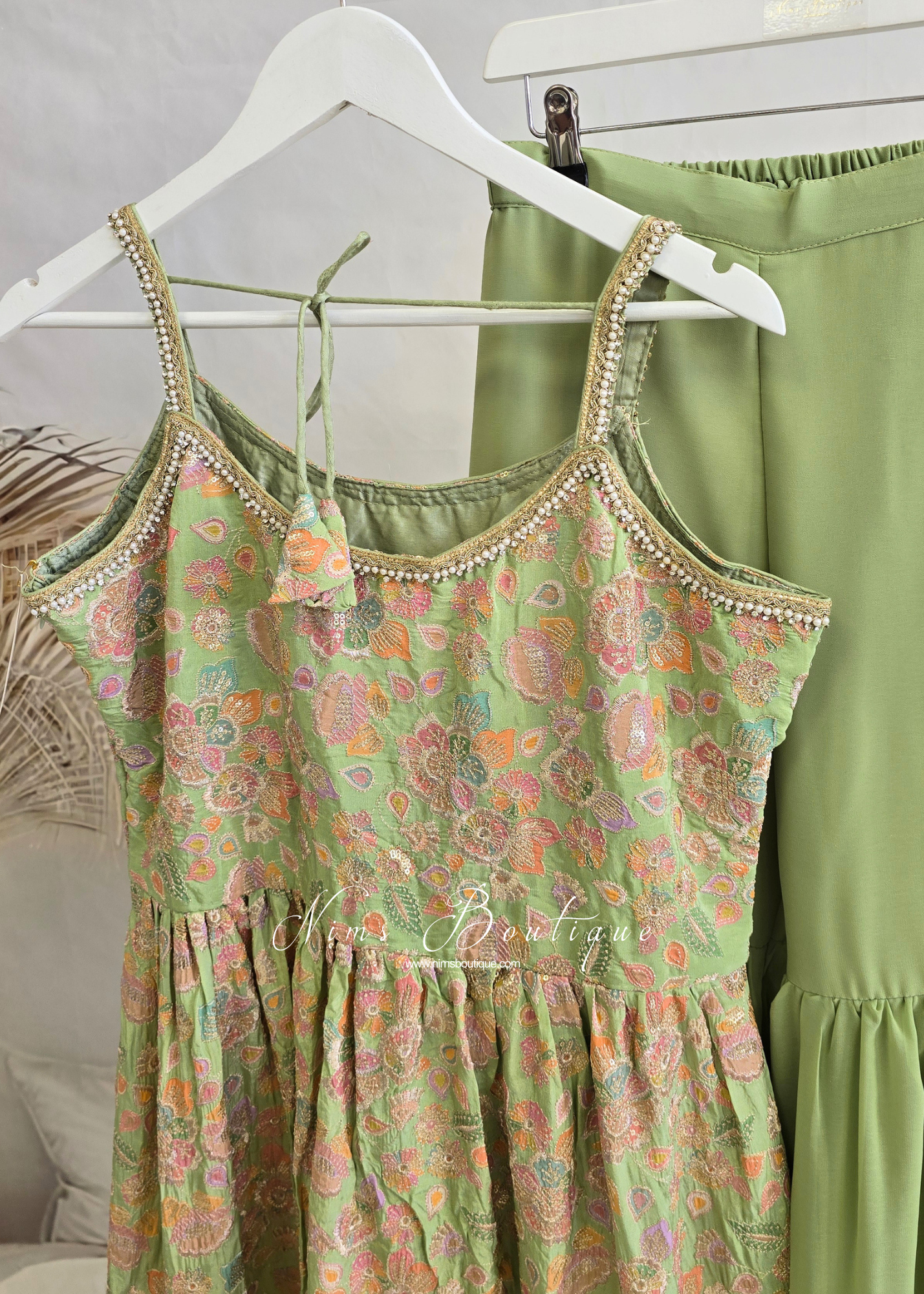 Lime Pastels Frock Thread Embroidered Gharara Suit (size 12)
