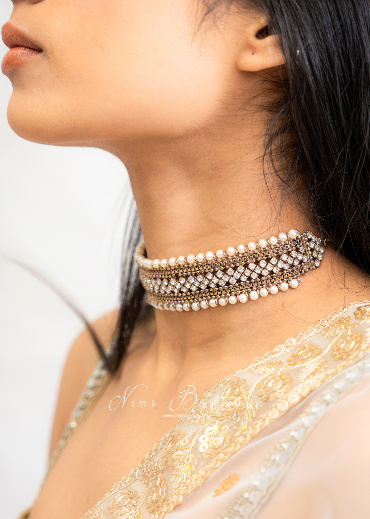 Celina Pearl & Antique Gold Choker with Clear Stone