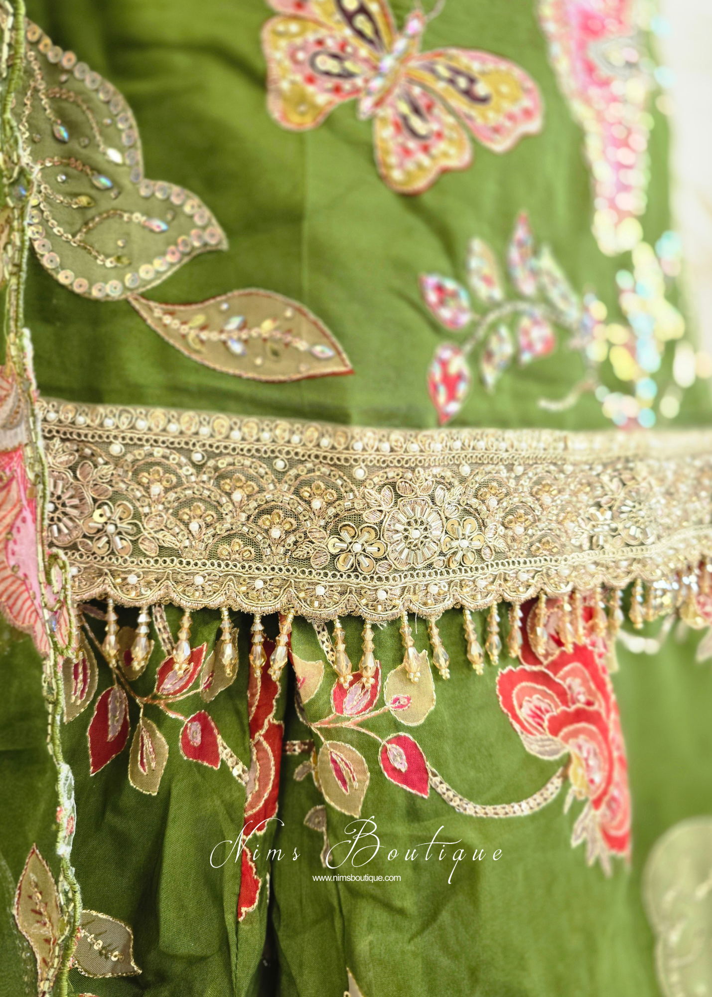 Luxury Olive Green Embellished Gharara Suit (size 10-12)