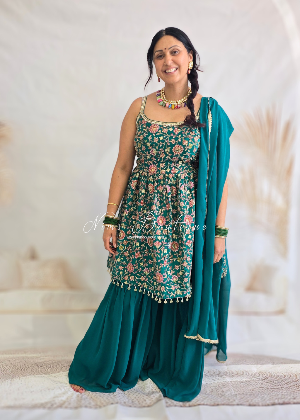 Deep Green Frock Thread Embroidered Gharara Suit (size 12)