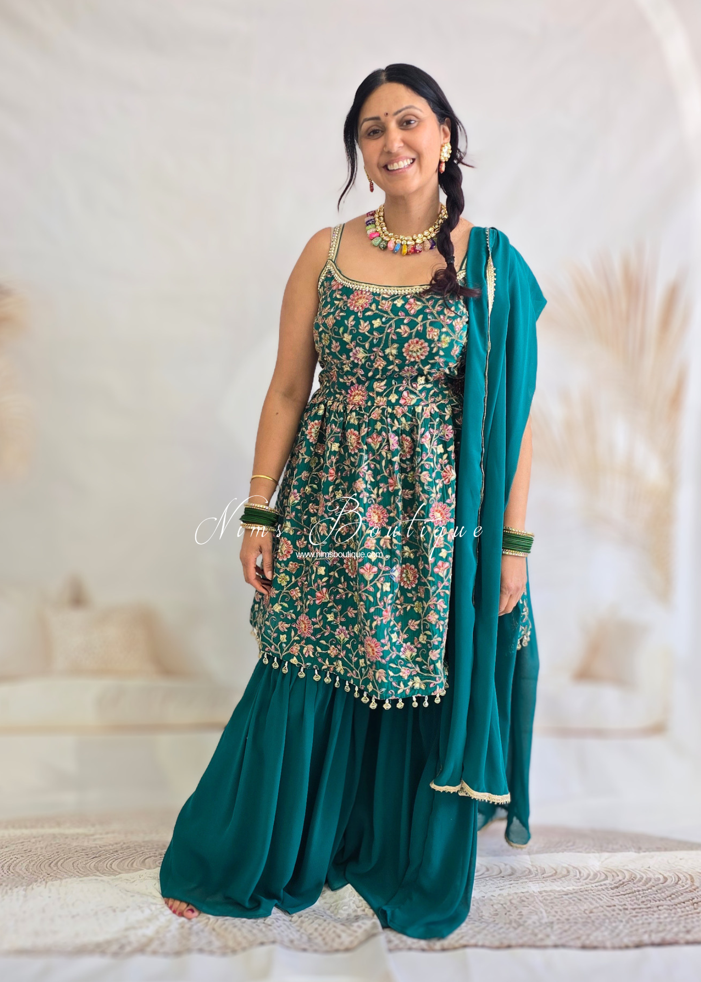 Deep Green Frock Thread Embroidered Gharara Suit (size 12)