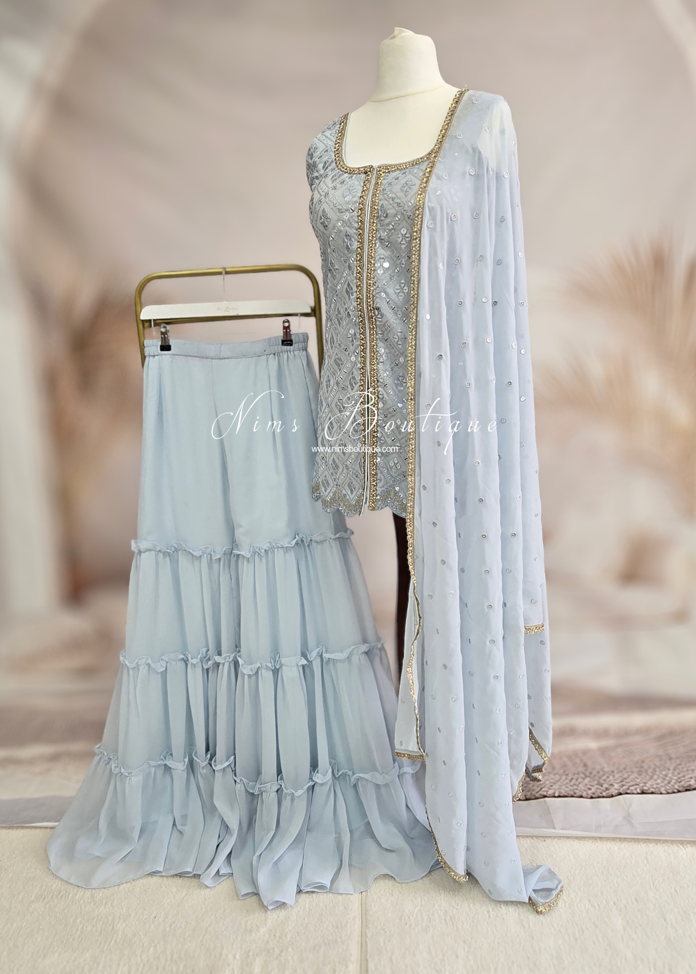 Light Blue Thread Embroidered Gharara Suit (size 12)
