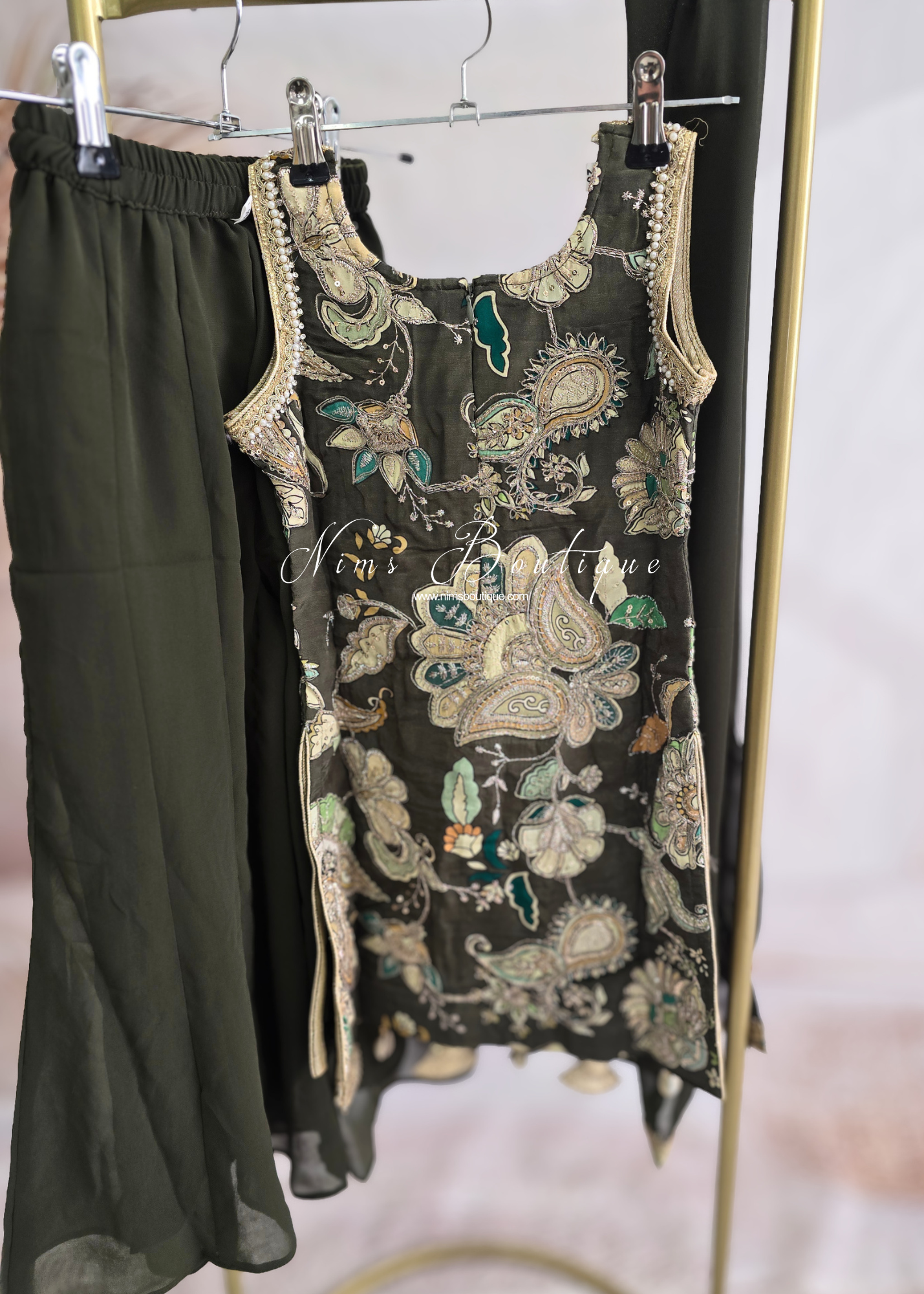 Kids Dark Green Floral Sharara Suit