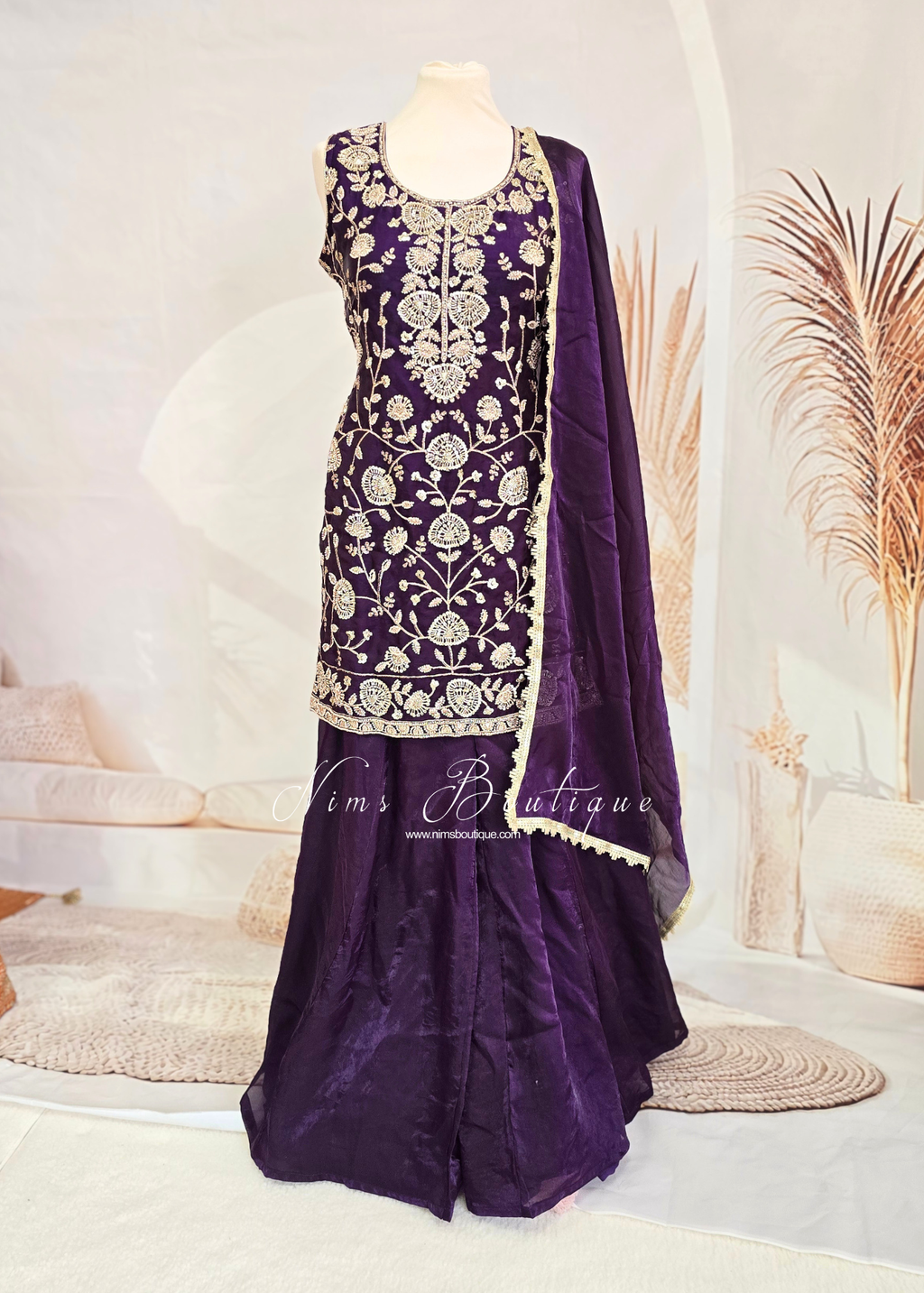 Purple Pearl Embroidered Sharara Suit (Size 10-12)