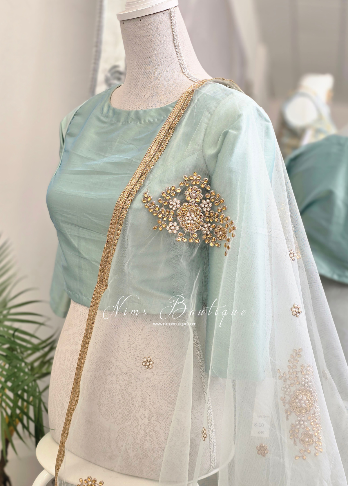 Light Mint Net Pearl Embellished Dupatta/Chunni with Gold Edging
