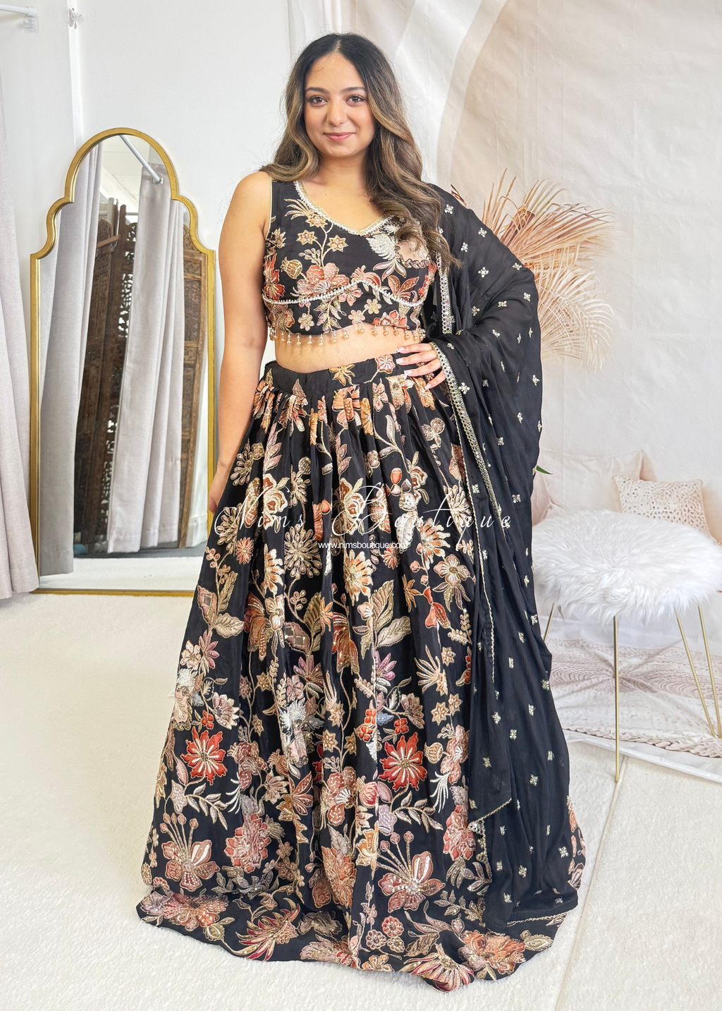 Luxury Black Floral Embellished Lehnga. Size 12