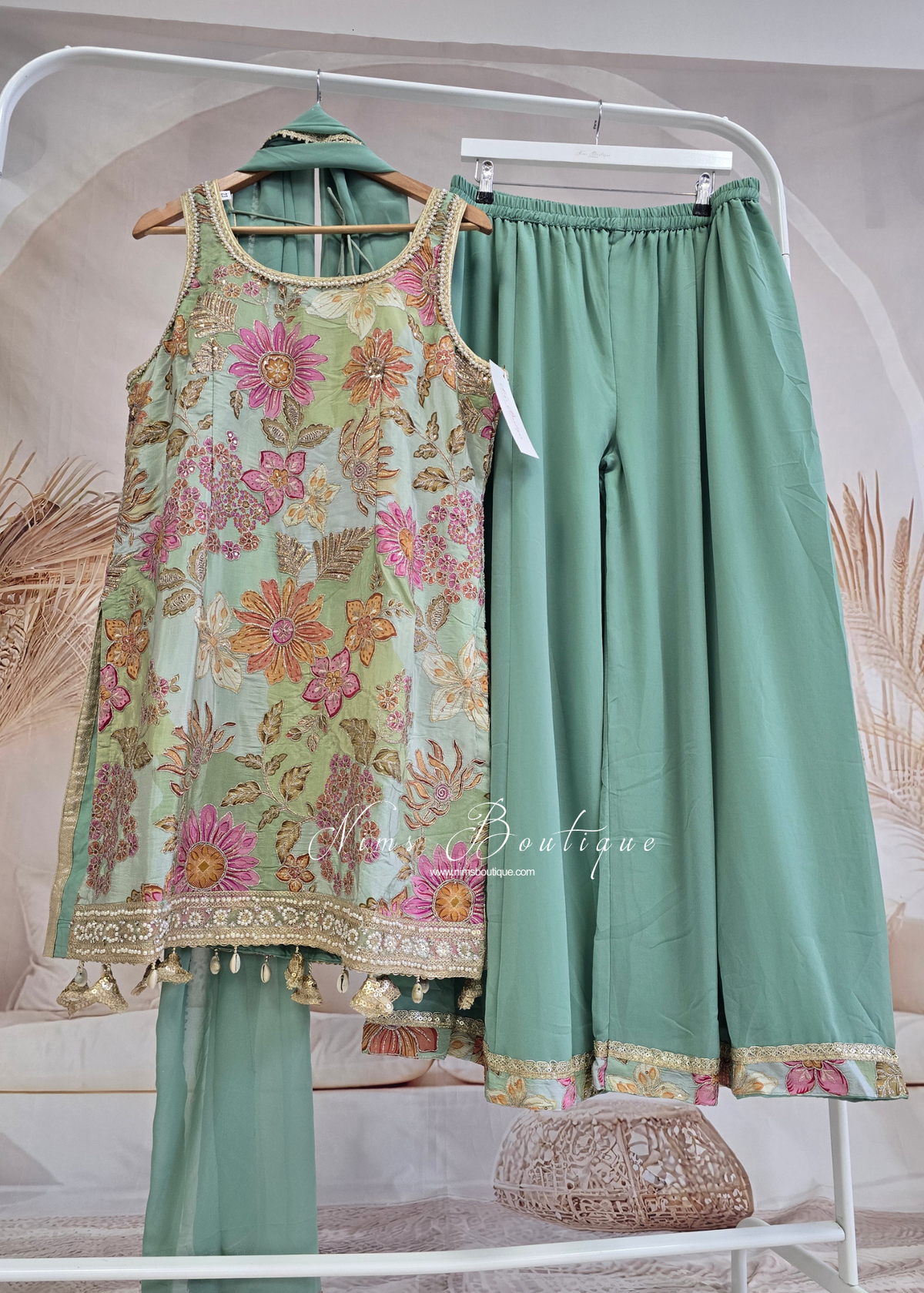 Dusky Mint Floral Thread Embroidered Sharara Suit (size 18-20)