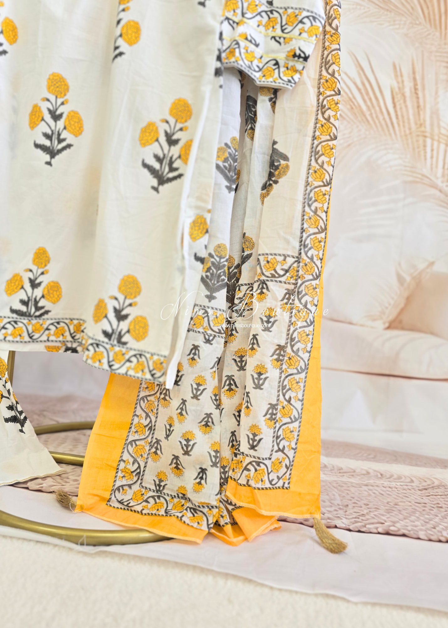 White Yellow Cottom Printed Floral Gharara Suit (size 14-18)