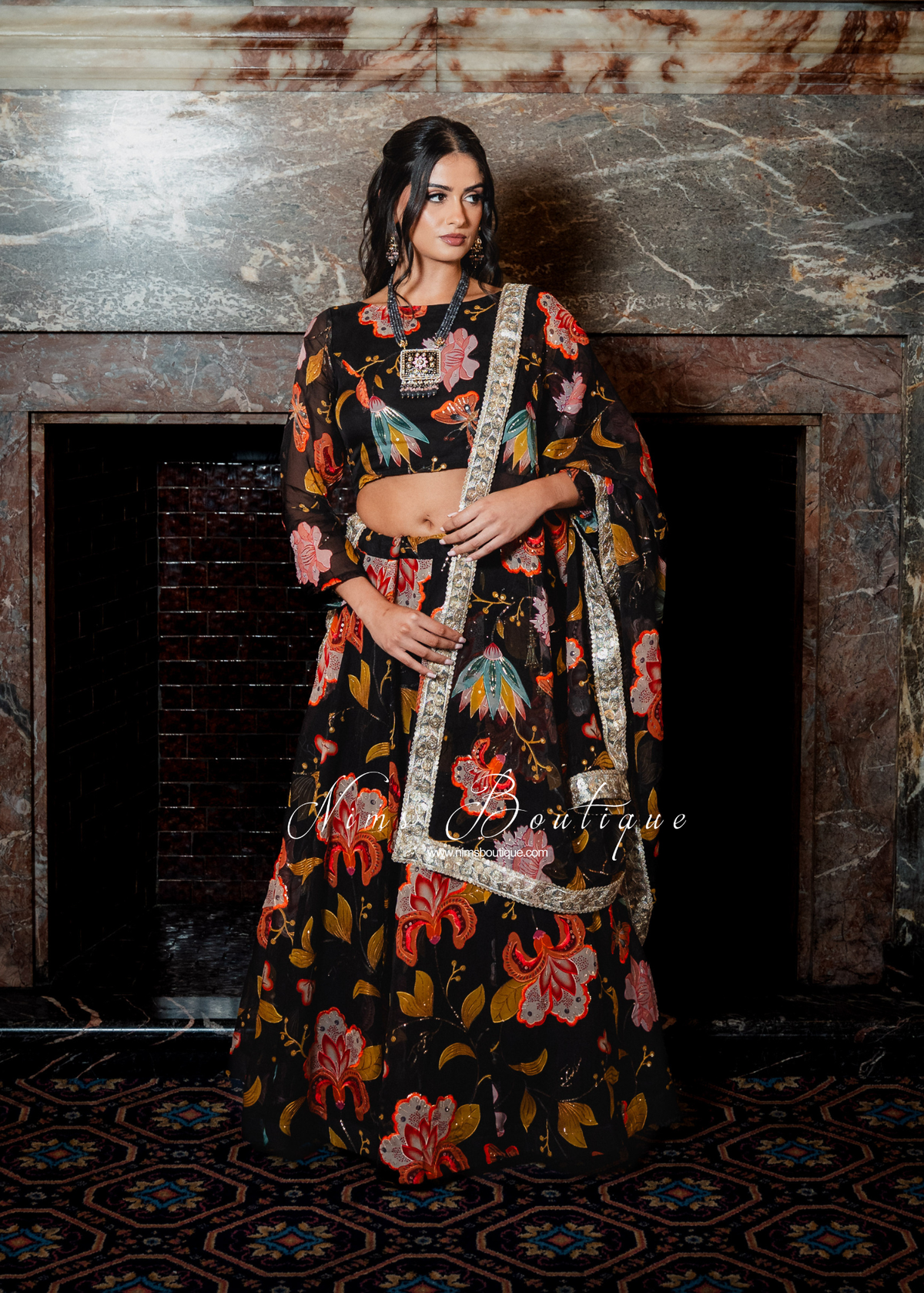 Evelina Black & Orange Floral Long Sleeve Blouse (sizes 6-24)