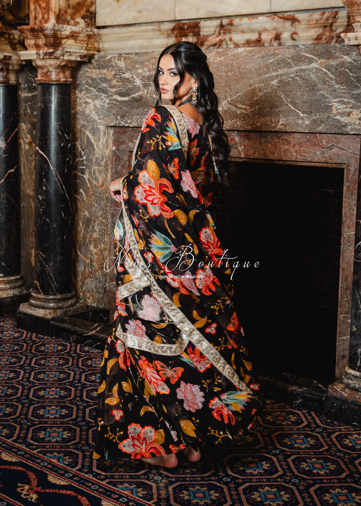 Evelina Black & Orange Floral Dupatta/Chunni