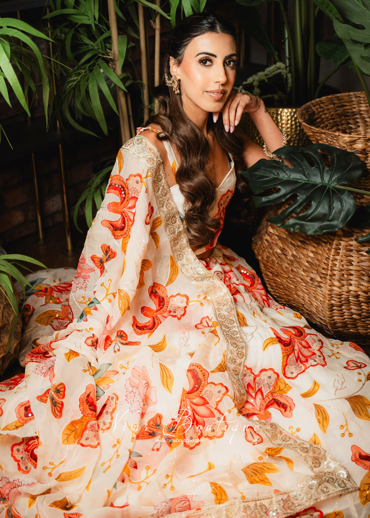 Evelina Ivory & Orange Floral Dupatta/Chunni