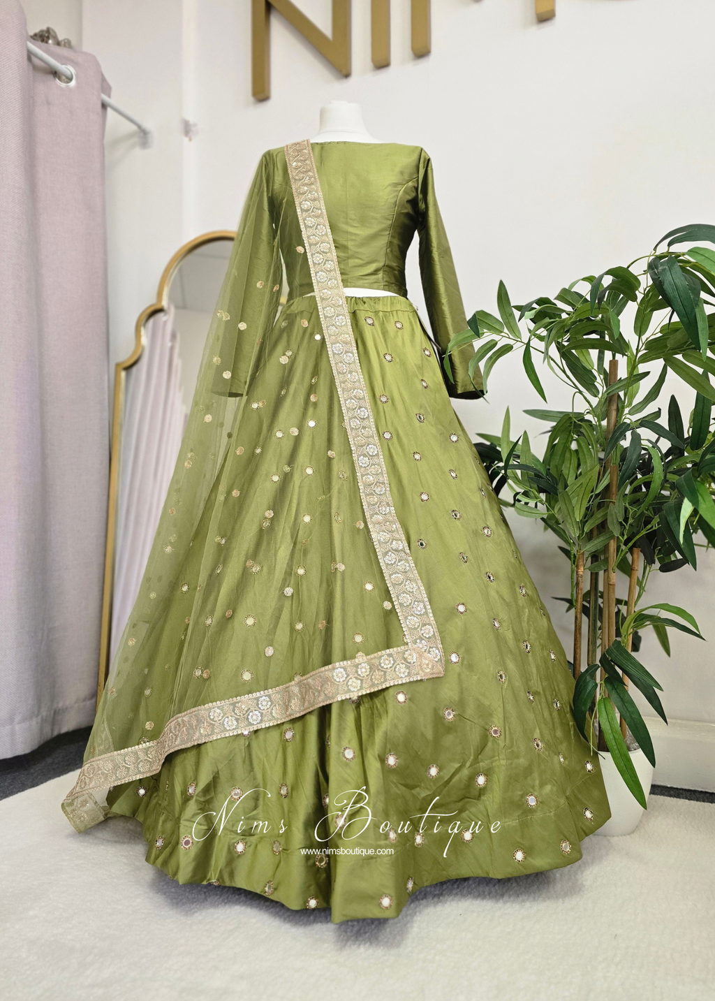 Mehndi Green Silk High Neck Blouse with sleeves (8-20)